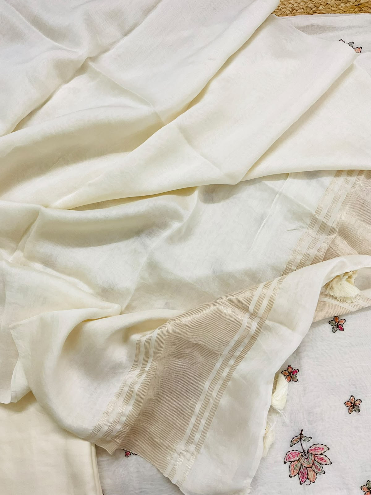 Pure Mul Chanderi Embroidered Suit - Off White