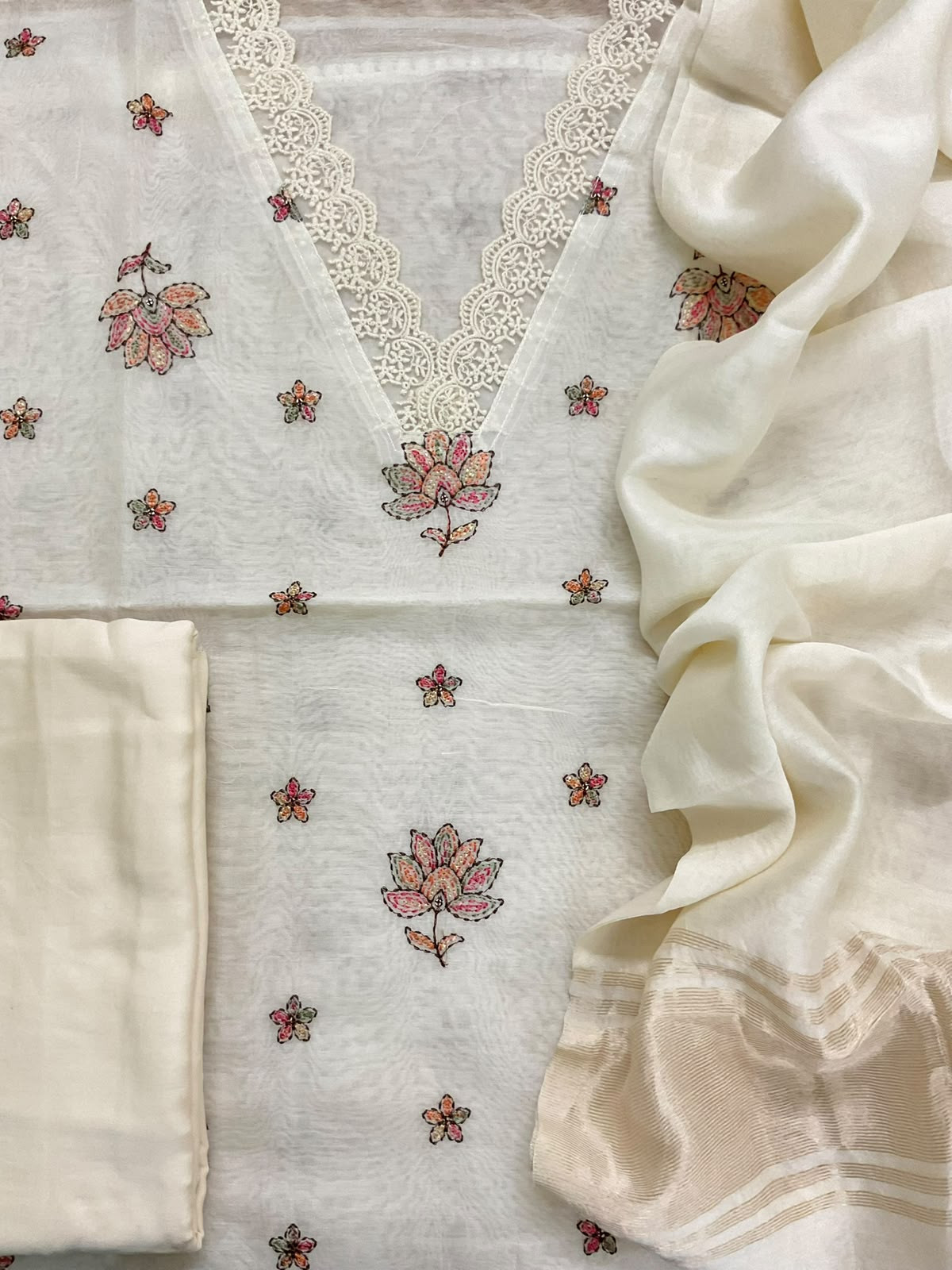 Pure Mul Chanderi Embroidered Suit - Off White