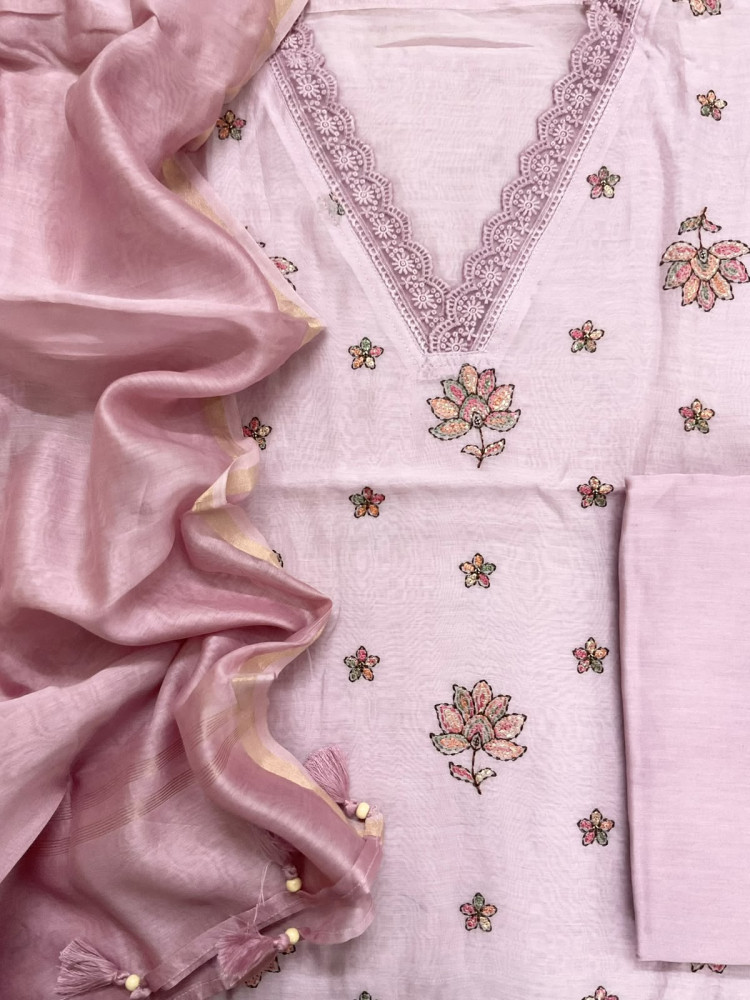 Image of Pure Mul Chanderi Embroidered Suit - Light Onion Pink