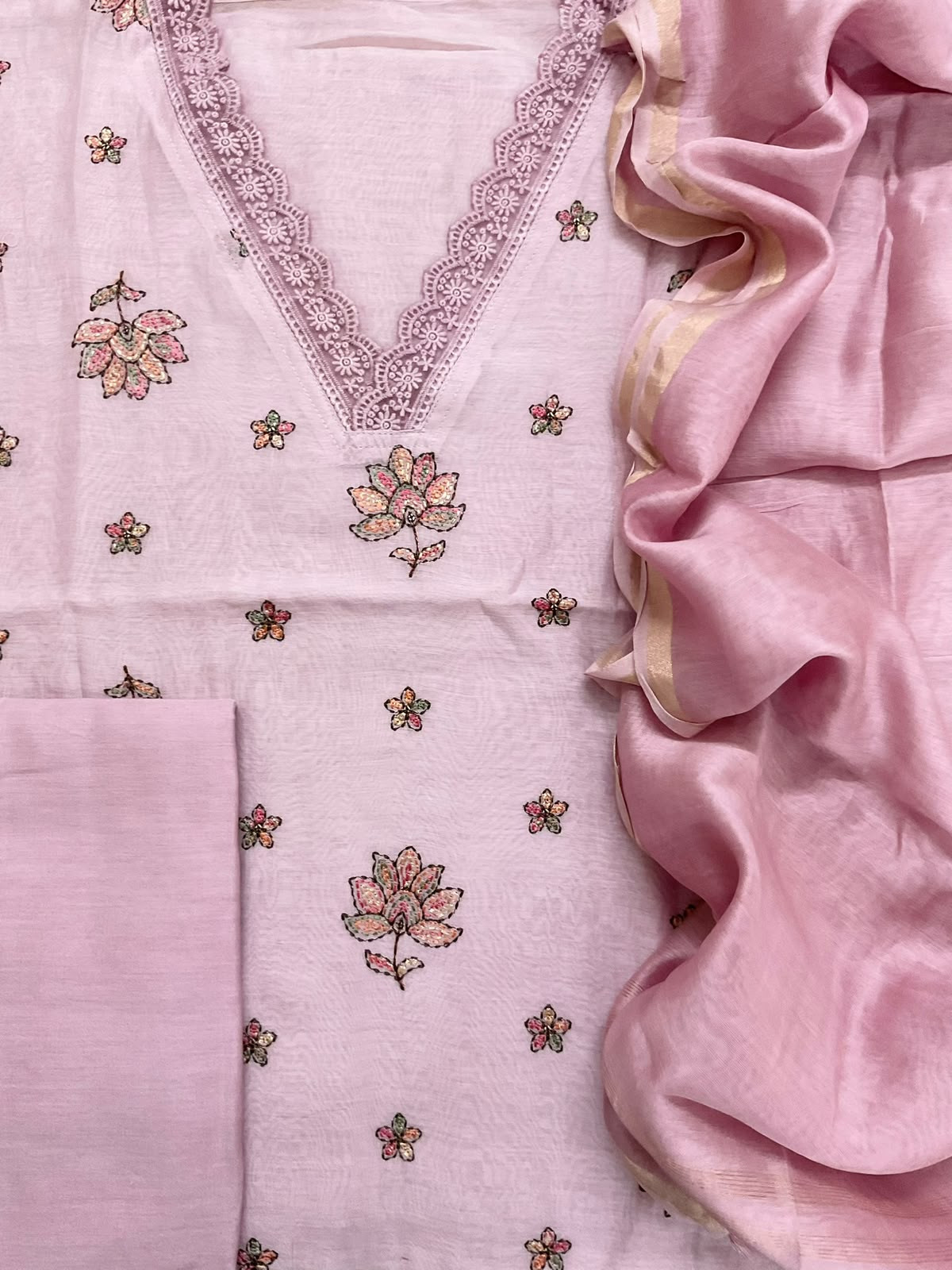 Pure Mul Chanderi Embroidered Suit - Light Onion Pink