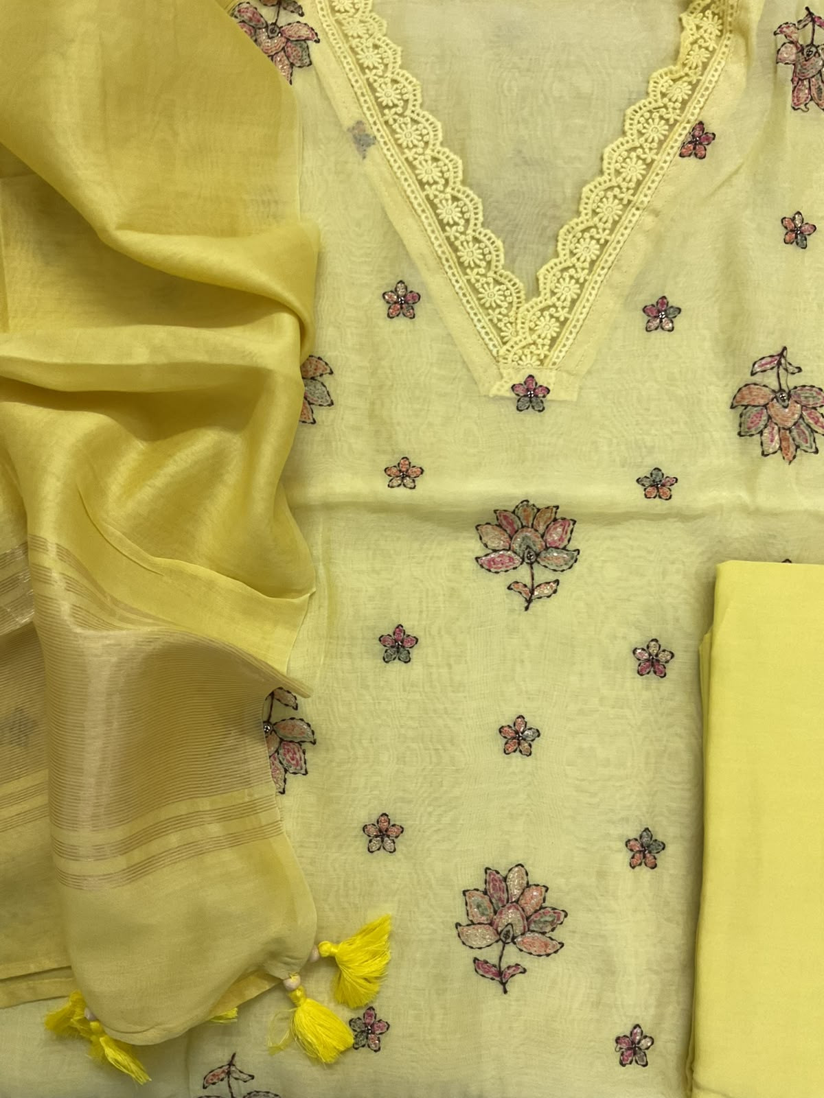 Pure Mul Chanderi Embroidered Suit - Yellow