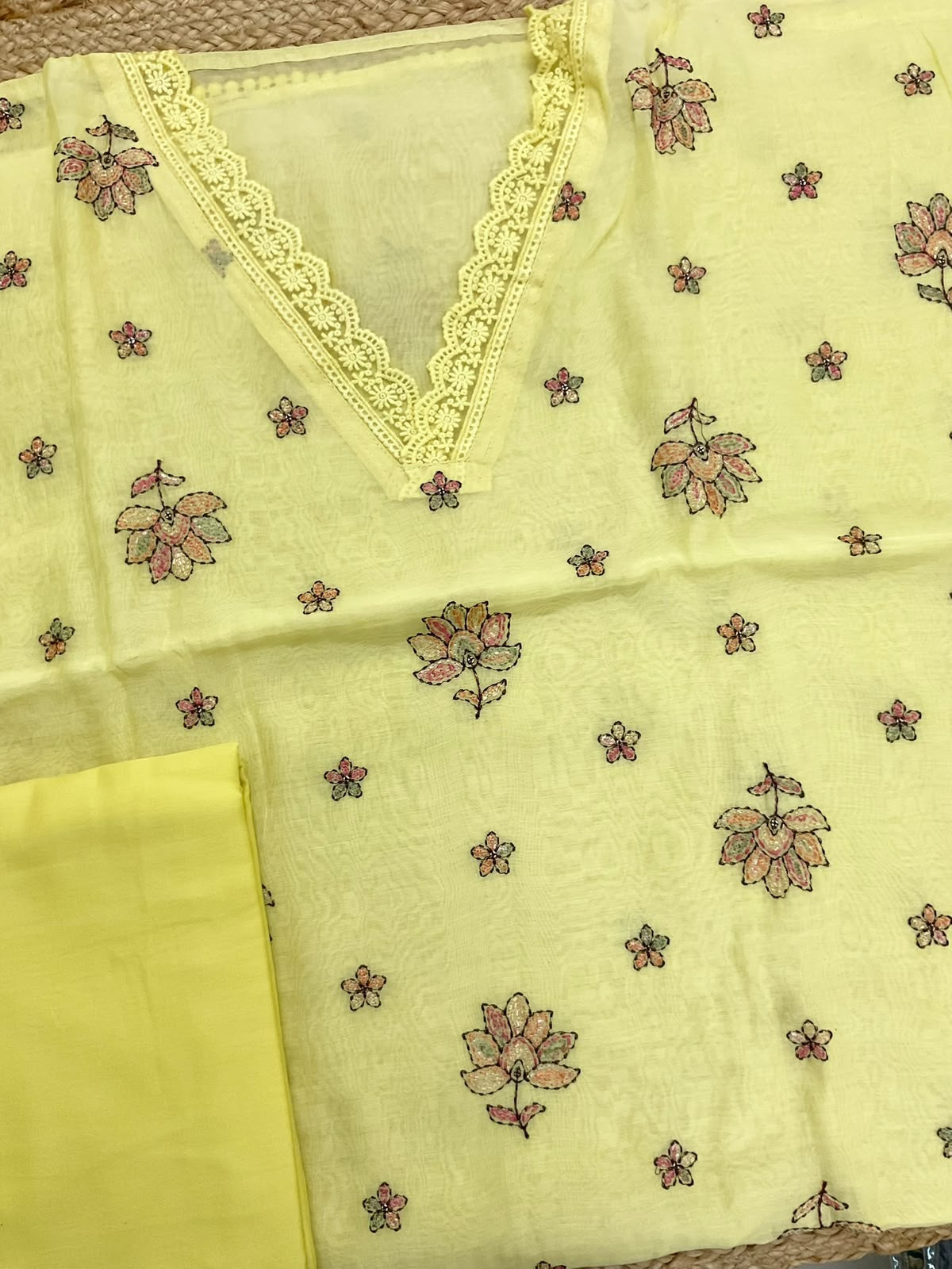 Pure Mul Chanderi Embroidered Suit - Yellow