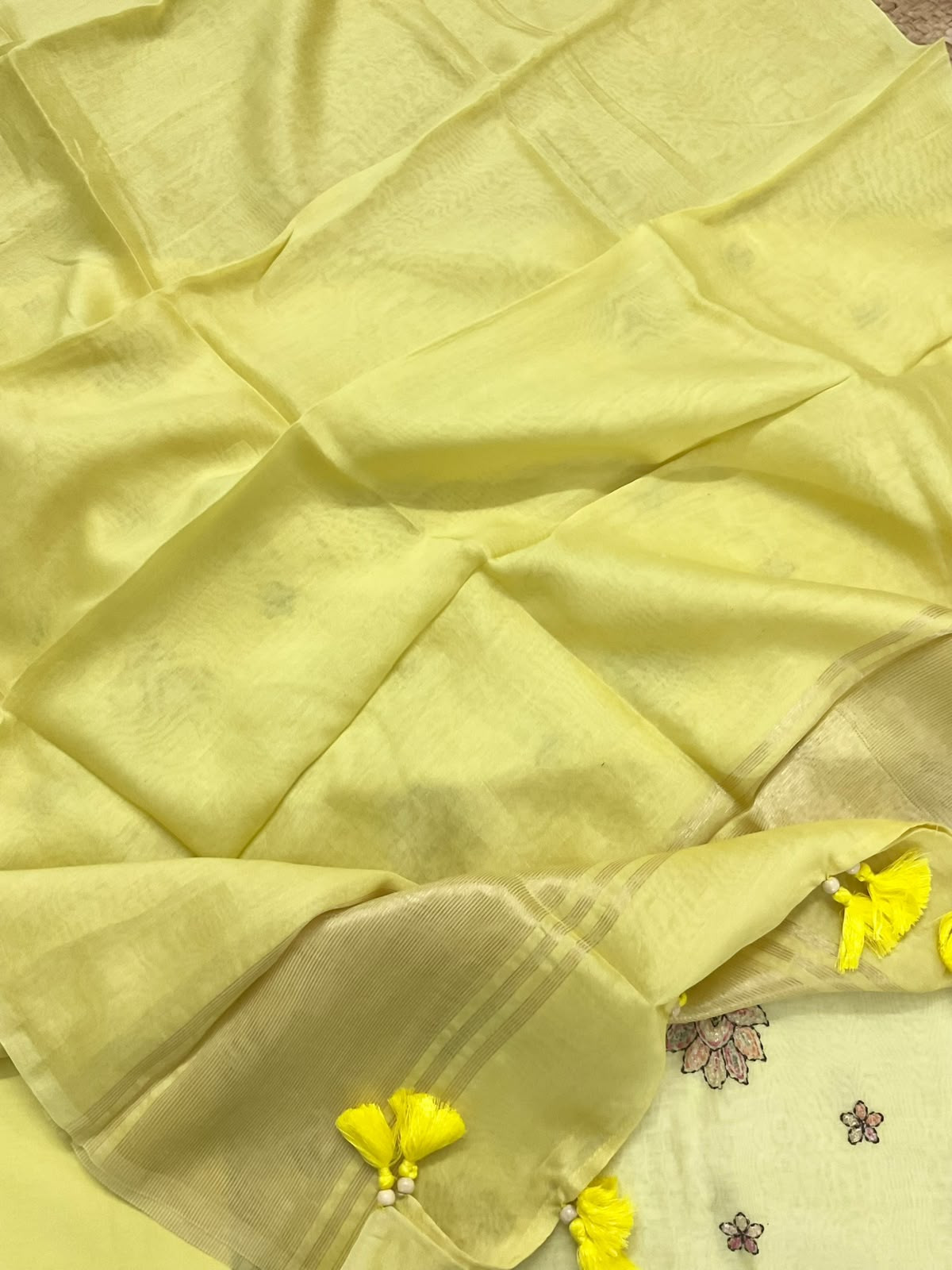 Pure Mul Chanderi Embroidered Suit - Yellow