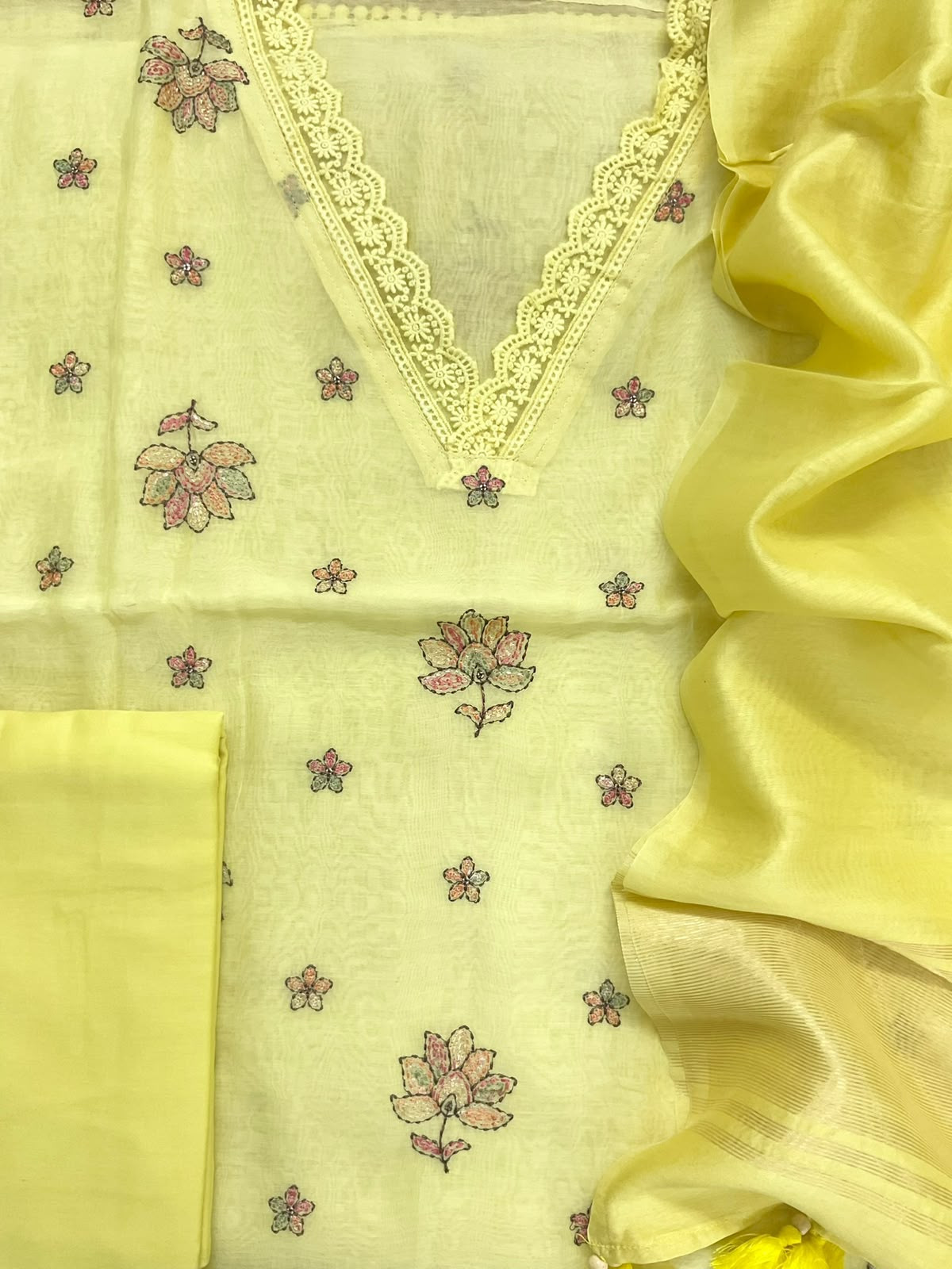 Pure Mul Chanderi Embroidered Suit - Yellow
