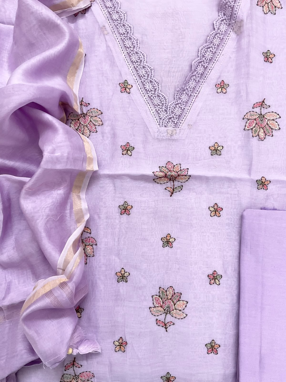 Pure Mul Chanderi Embroidered Suit - Lavender