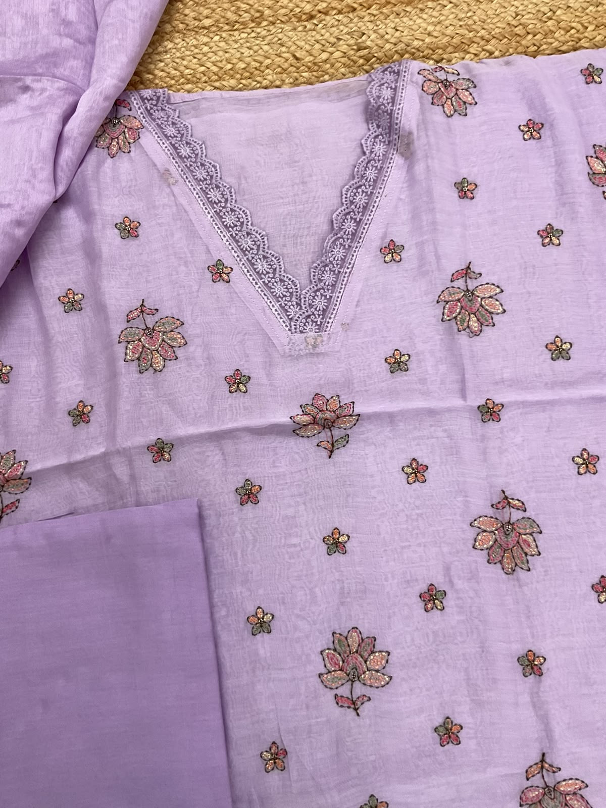 Pure Mul Chanderi Embroidered Suit - Lavender