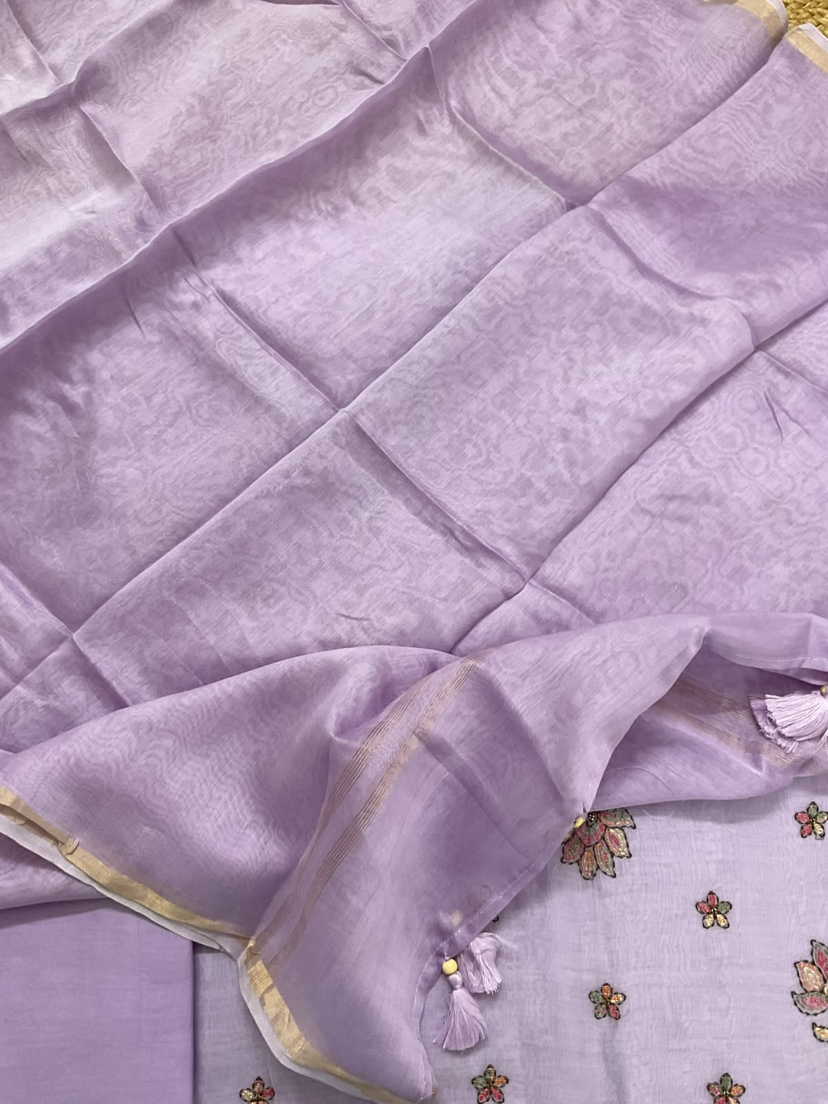 Pure Mul Chanderi Embroidered Suit - Lavender