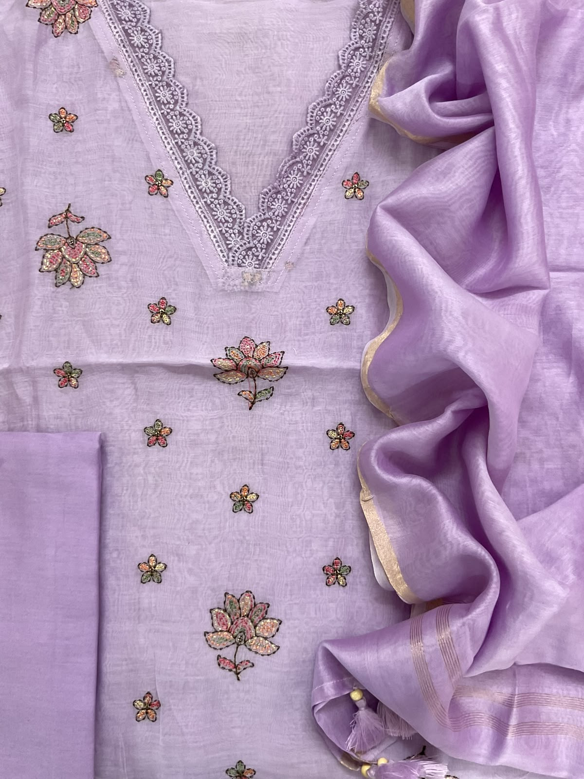 Pure Mul Chanderi Embroidered Suit - Lavender