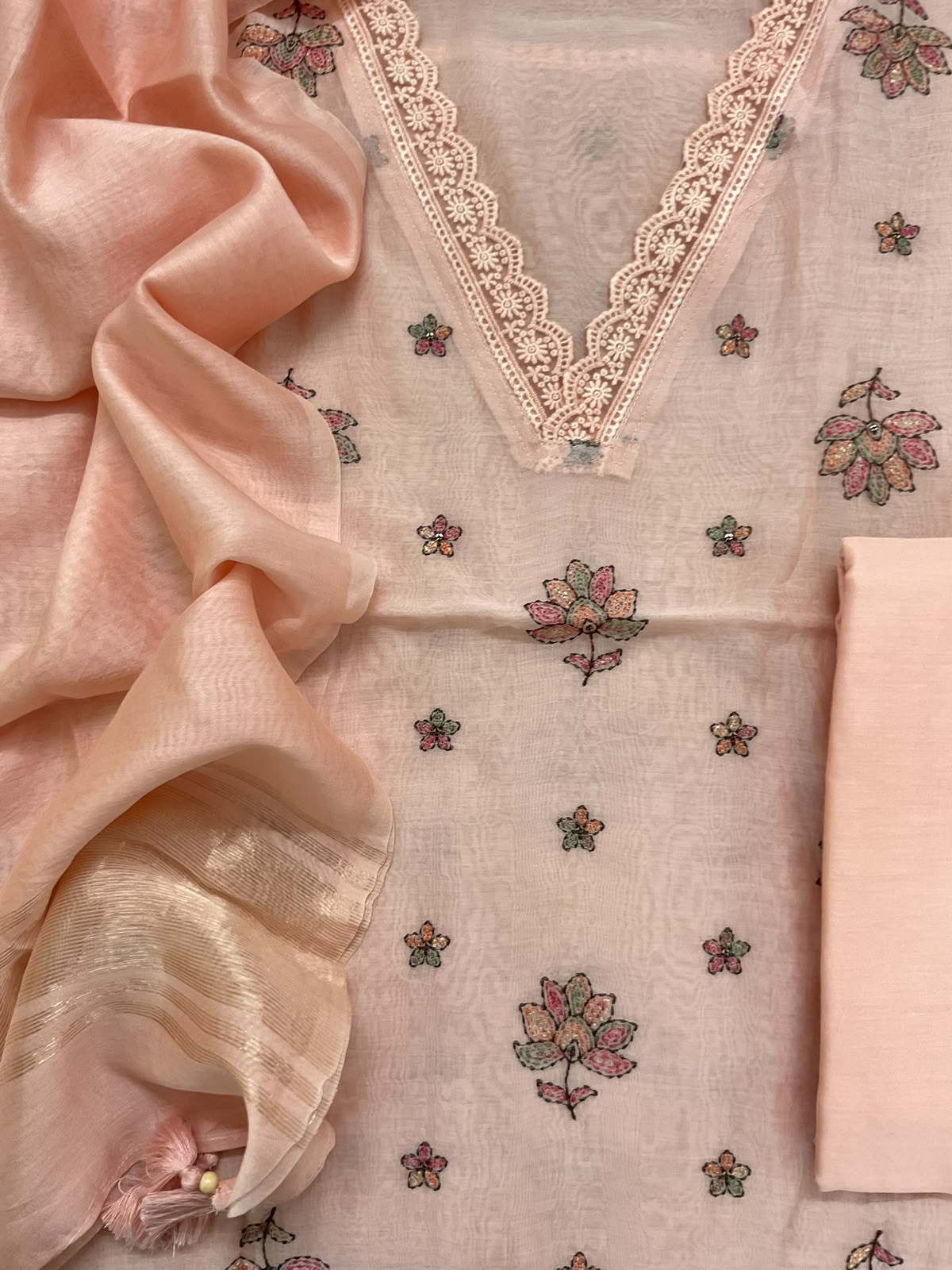Pure Mul Chanderi Embroidered Suit - Peach
