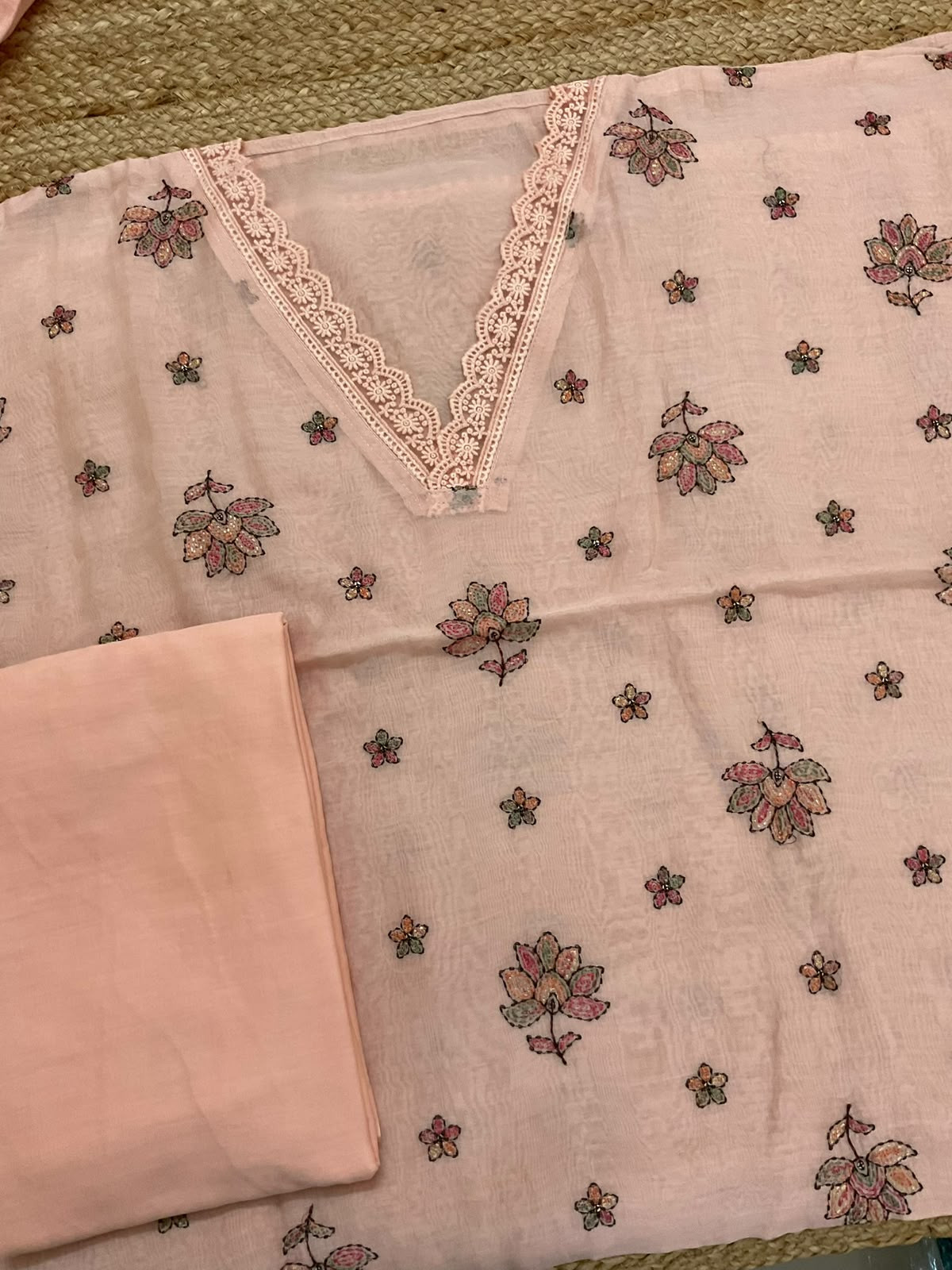 Pure Mul Chanderi Embroidered Suit - Peach