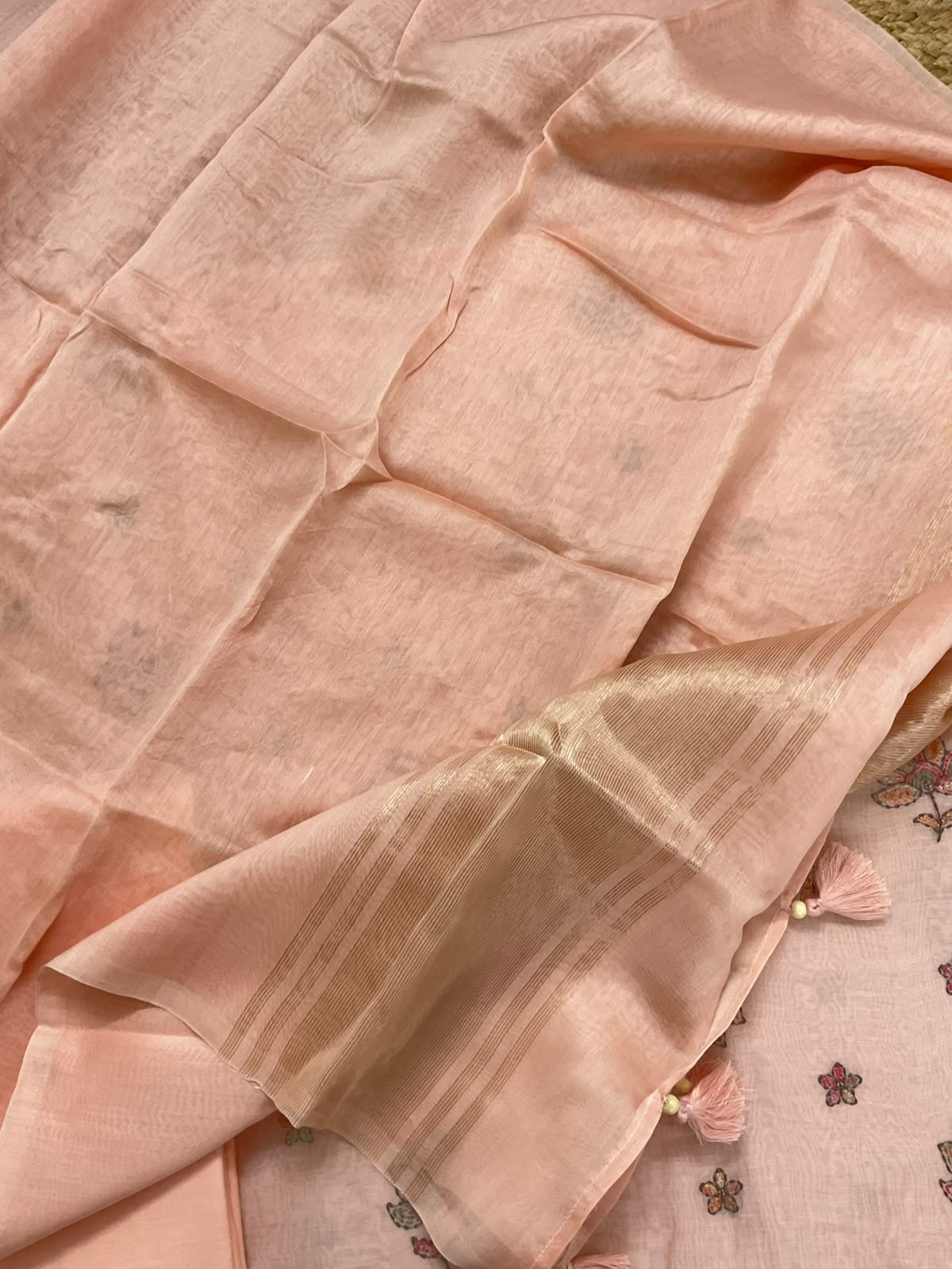 Pure Mul Chanderi Embroidered Suit - Peach