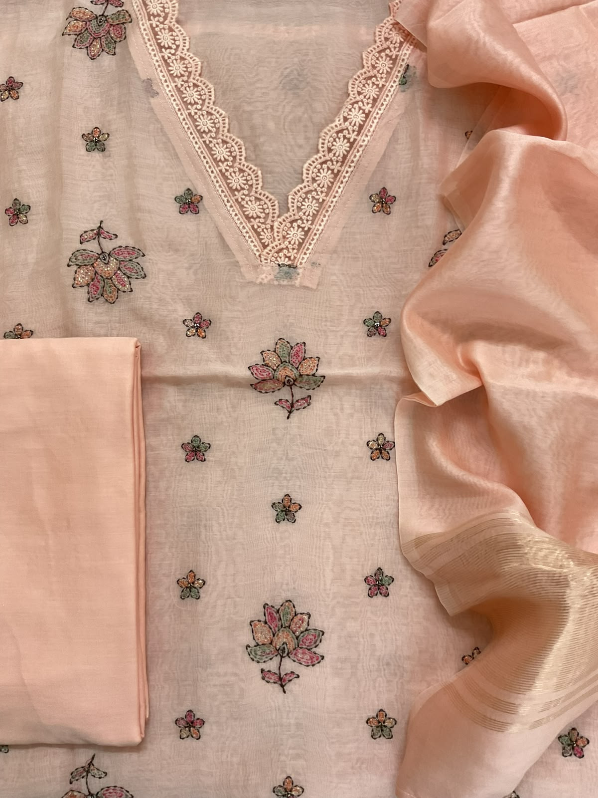 Pure Mul Chanderi Embroidered Suit - Peach