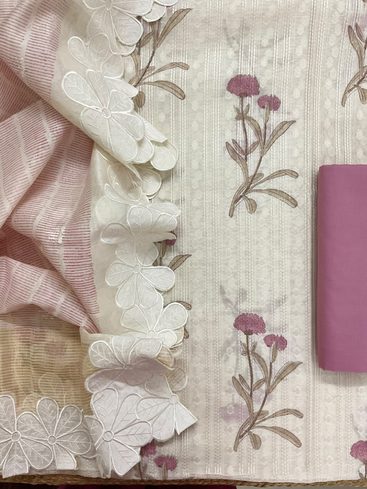 Pure Fine Chanderi Printed Self Weaved Embroidered Suit - Off White
