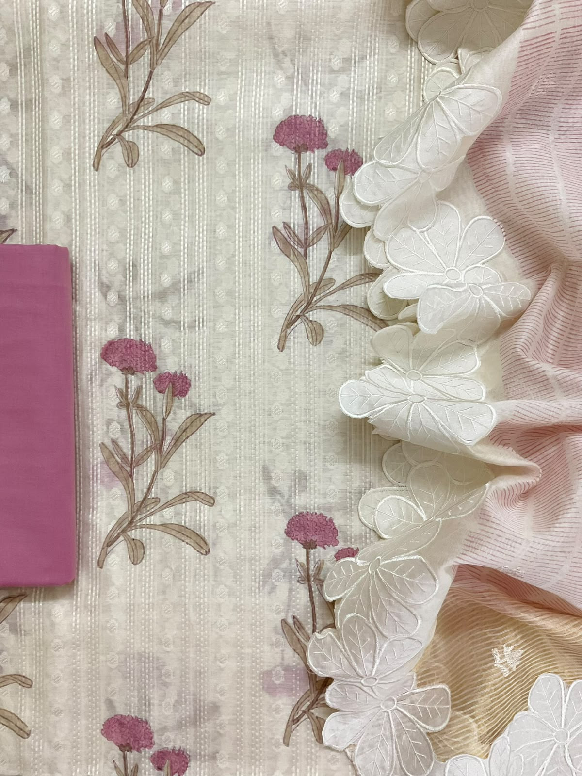 Pure Fine Chanderi Printed Self Weaved Embroidered Suit - Off White