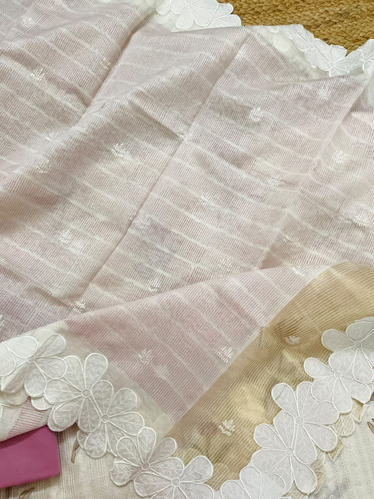 Pure Fine Chanderi Printed Self Weaved Embroidered Suit - Off White