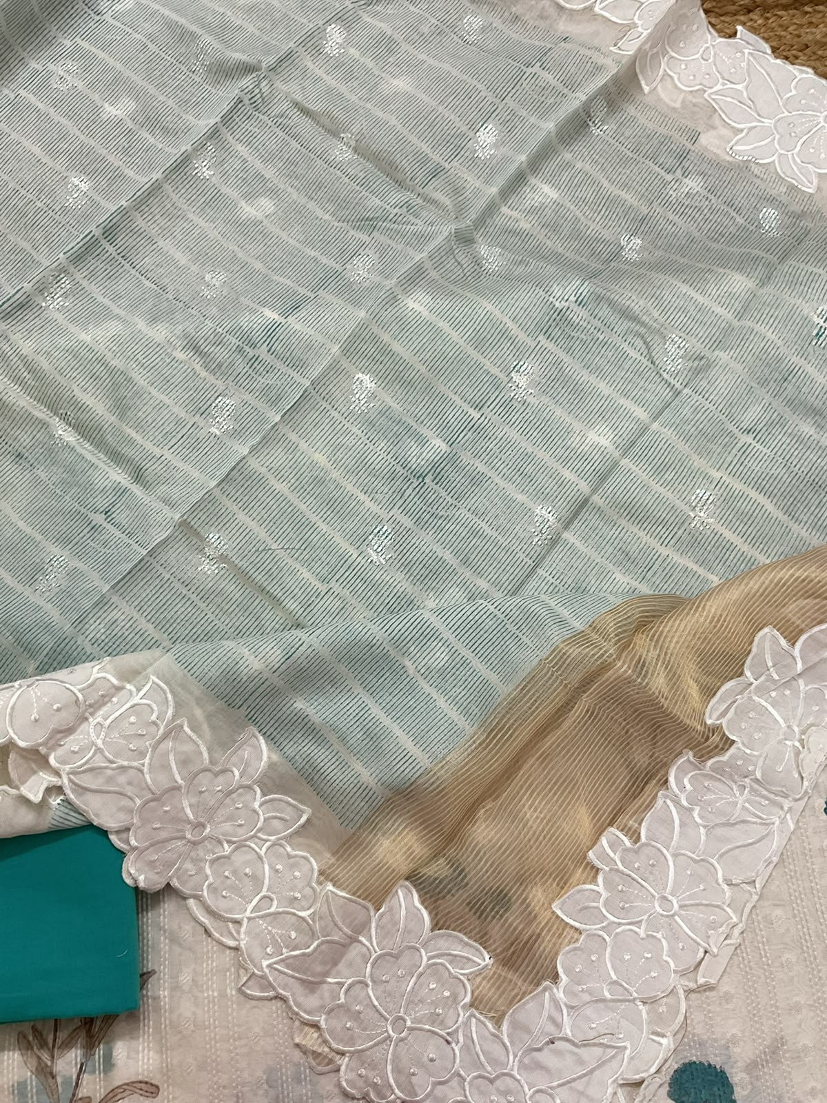 Pure Fine Chanderi Printed Self Weaved Embroidered Suit - Off White