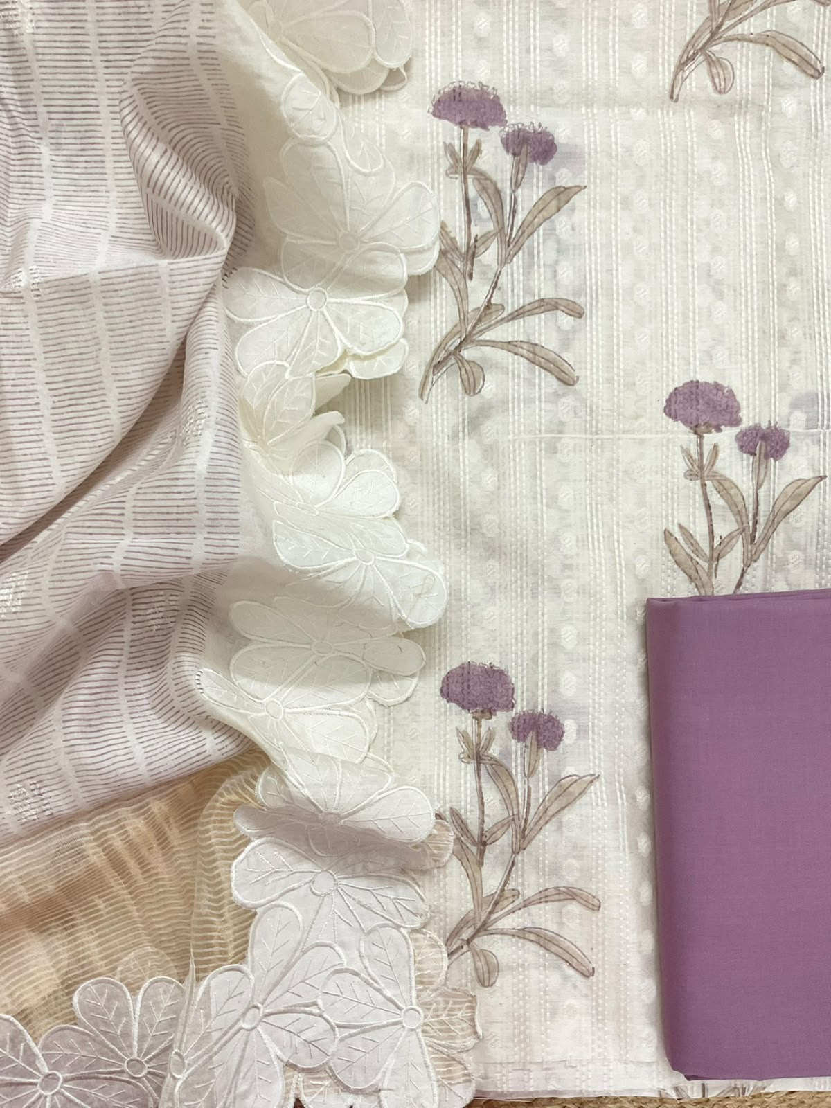 Pure Fine Chanderi Printed Self Weaved Embroidered Suit - Off White