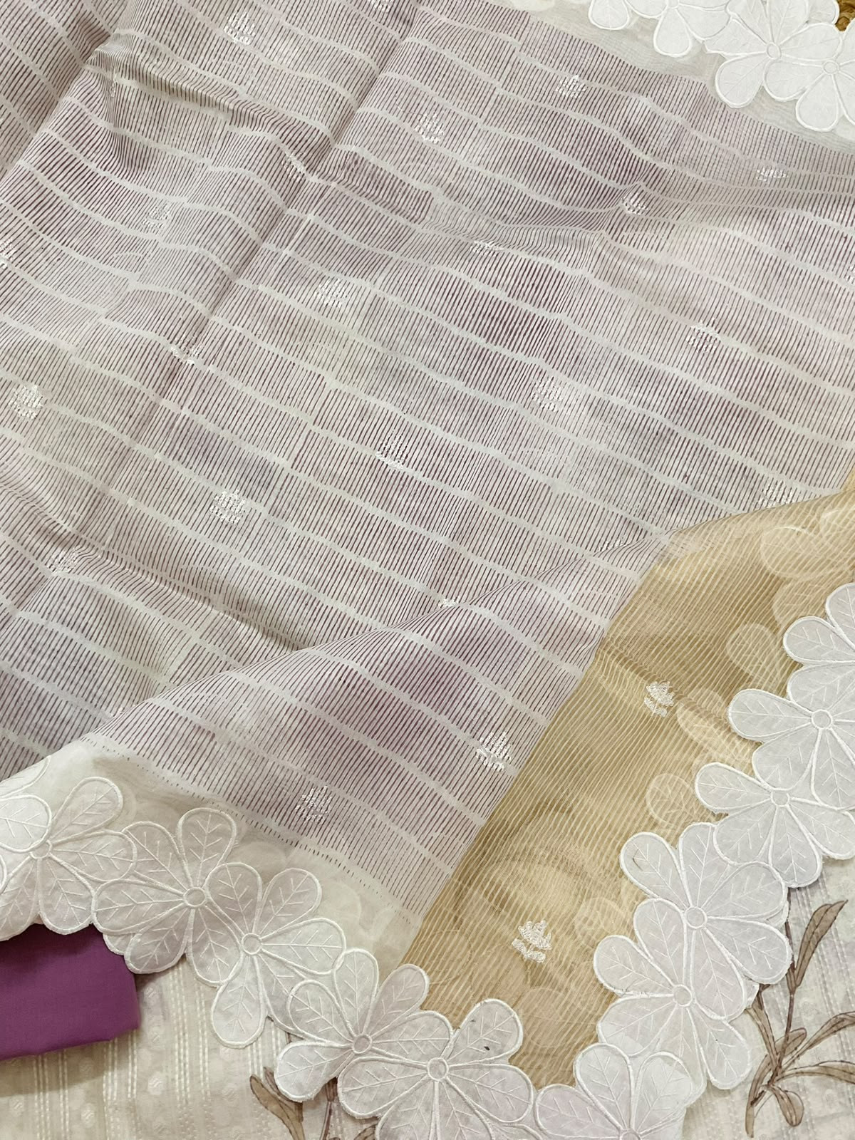 Pure Fine Chanderi Printed Self Weaved Embroidered Suit - Off White