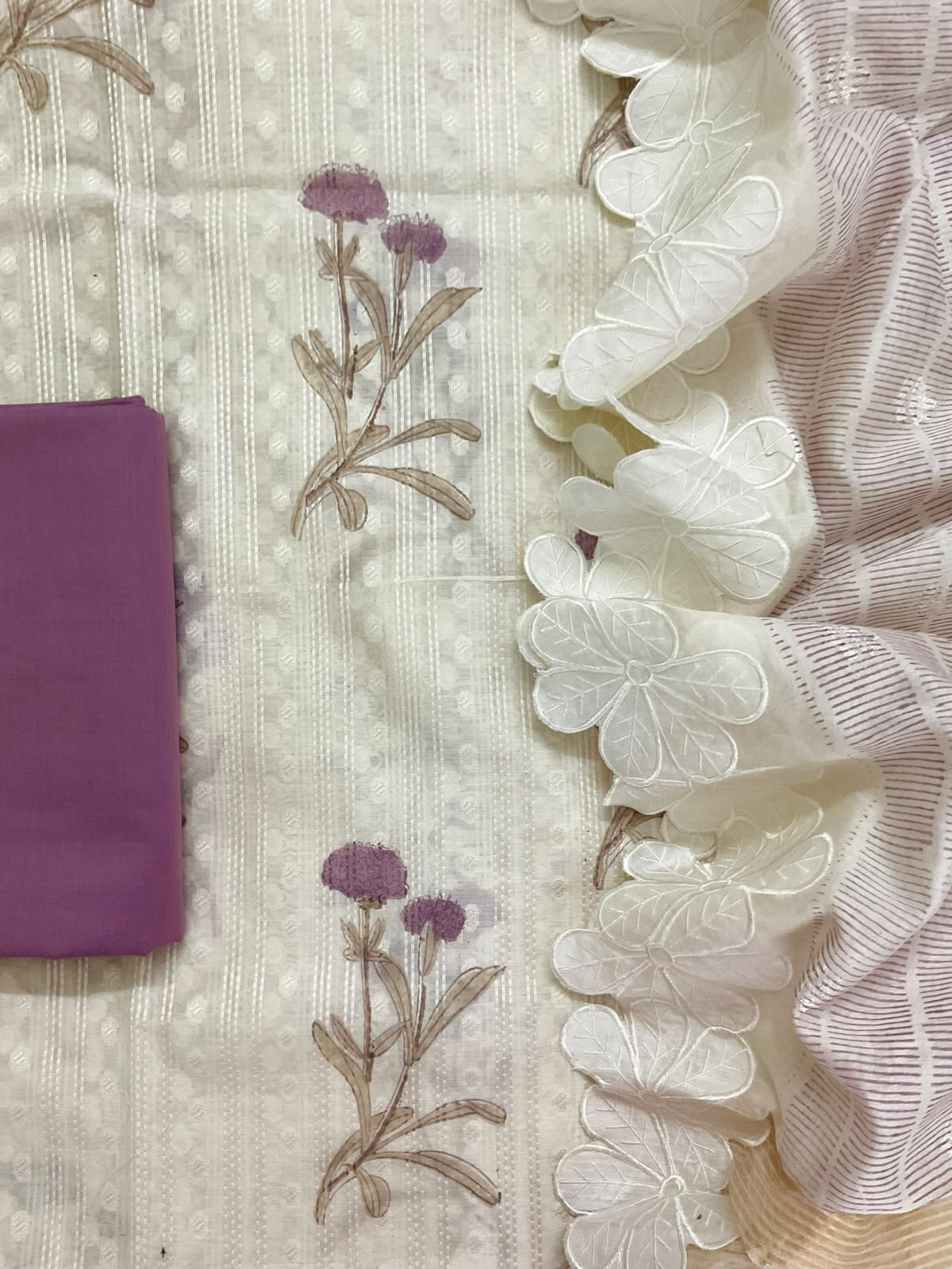 Pure Fine Chanderi Printed Self Weaved Embroidered Suit - Off White