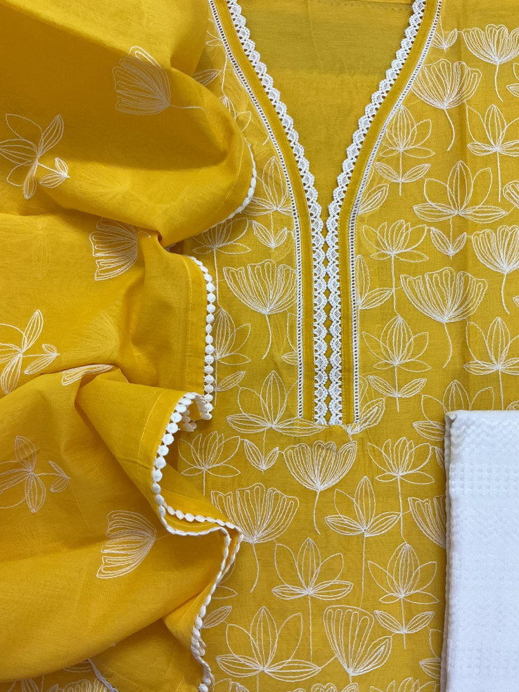 Image of Soft Chanderi Embroidered Suit - Yellow