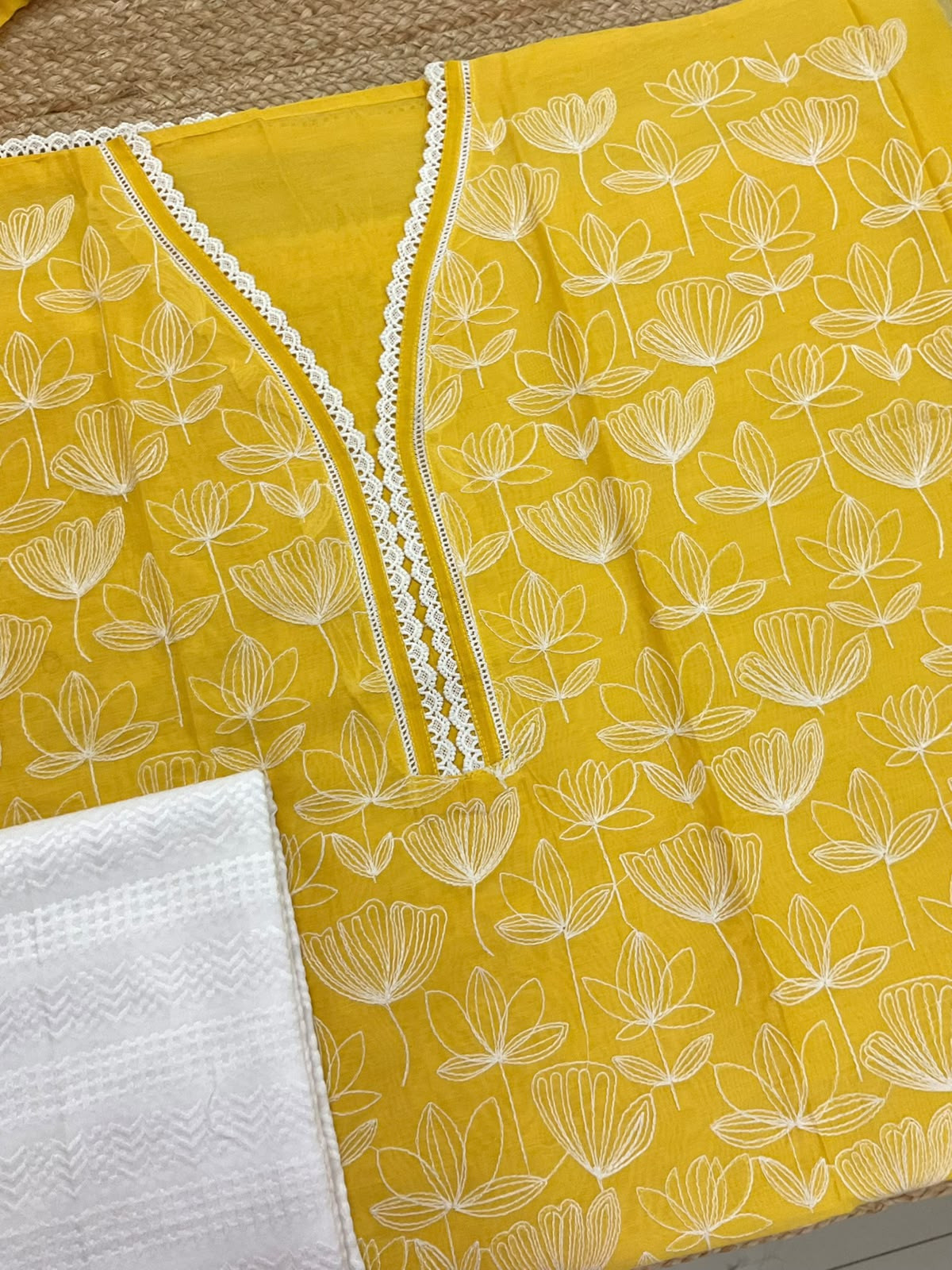 Soft Chanderi Embroidered Suit - Yellow