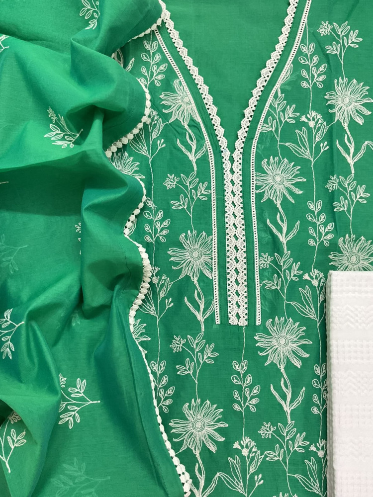 Image of Soft Chanderi Embroidered Suit - Green