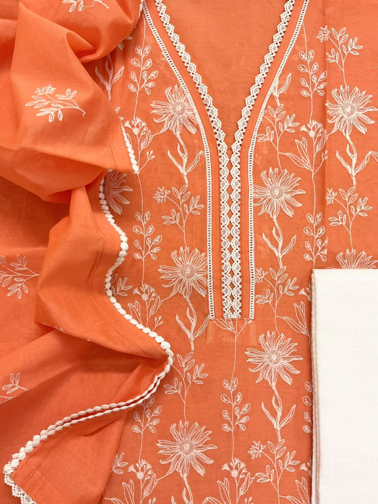 Image of Soft Chanderi Embroidered Suit - Orange