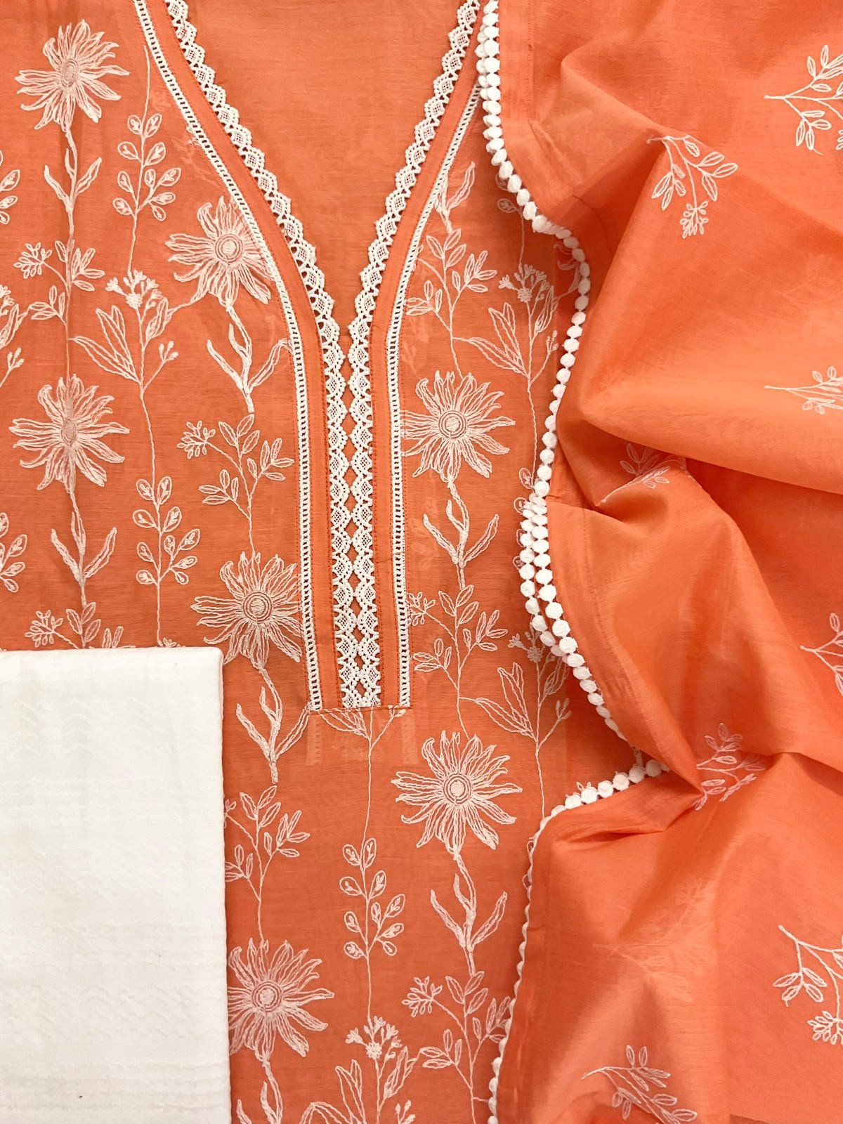 Soft Chanderi Embroidered Suit - Orange