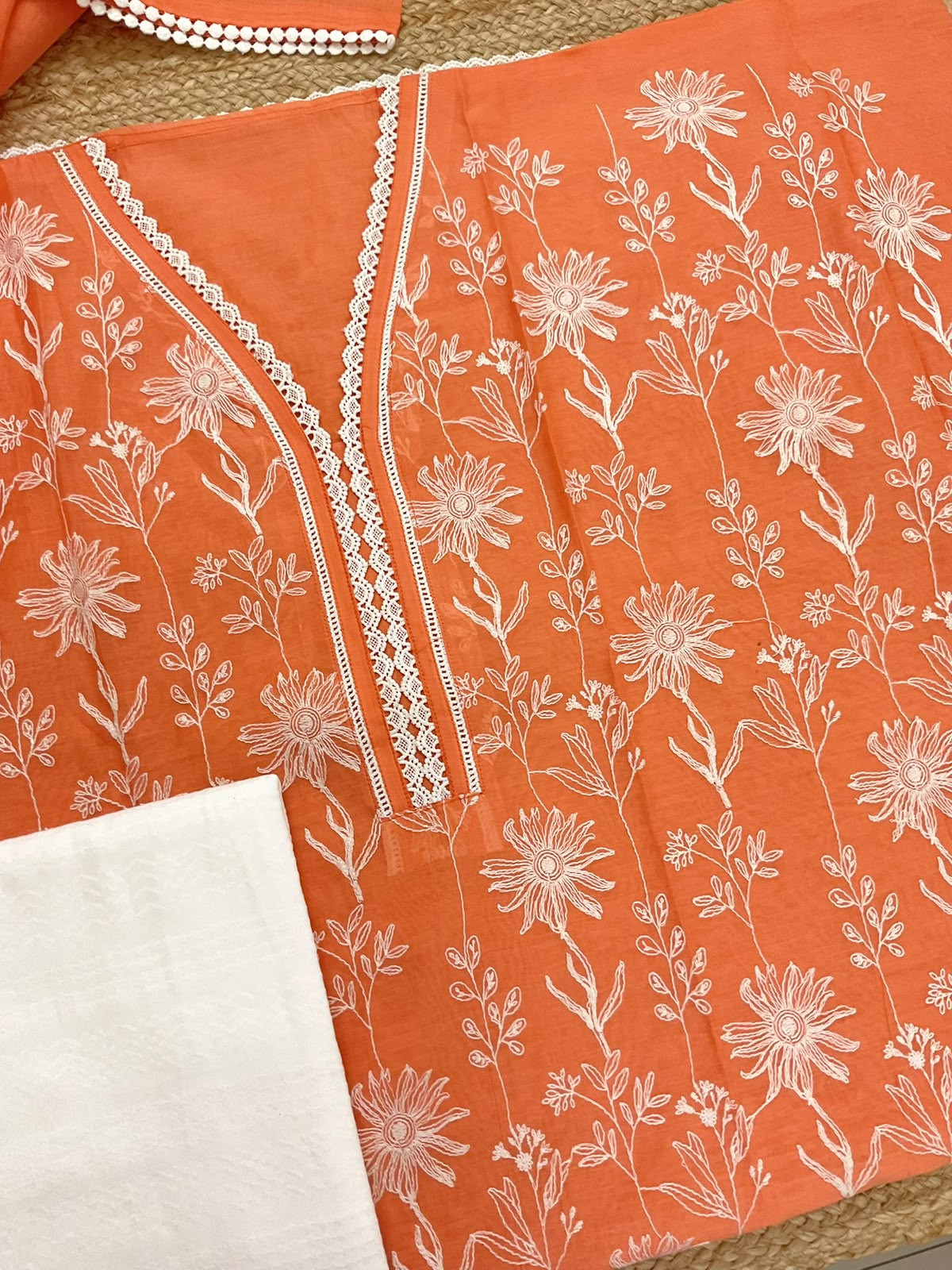 Soft Chanderi Embroidered Suit - Orange