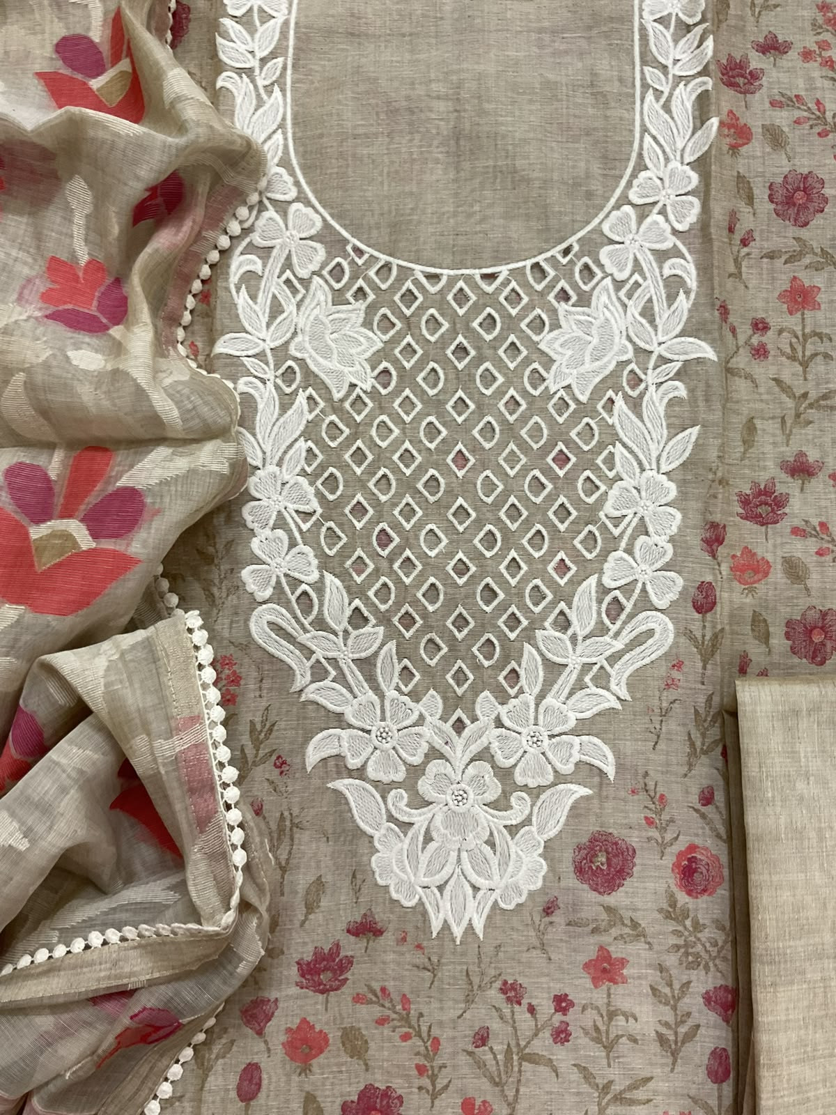 Pure Fine Slub Chanderi Printed Embroidered Suit - Beige