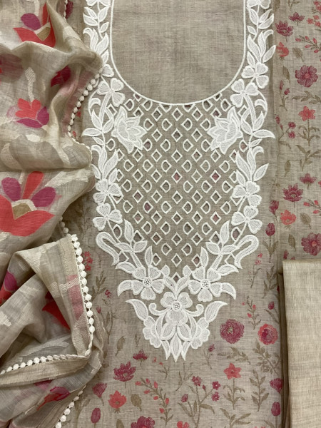 Image of Pure Fine Slub Chanderi Printed Embroidered Suit - Beige