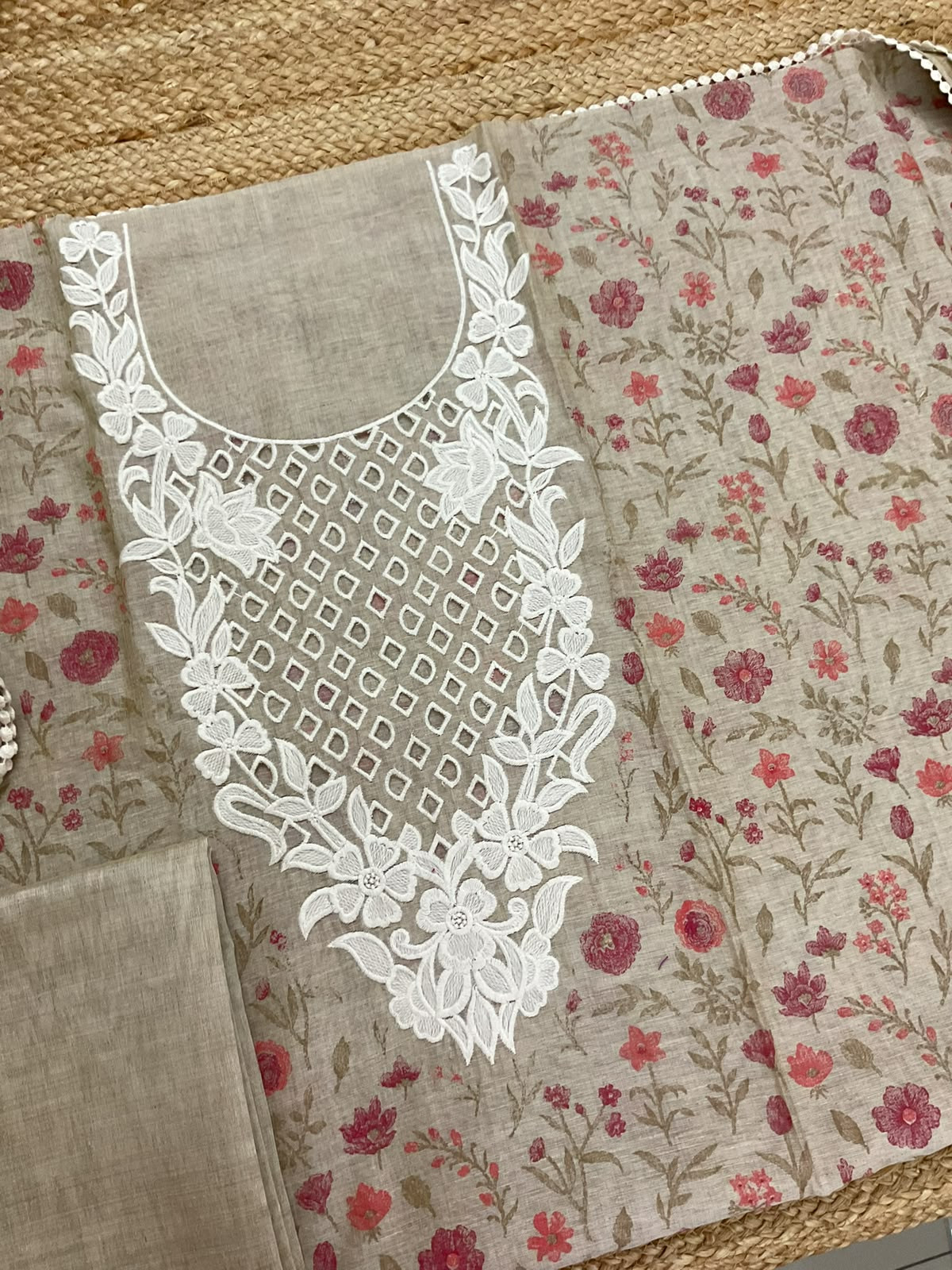 Pure Fine Slub Chanderi Printed Embroidered Suit - Beige