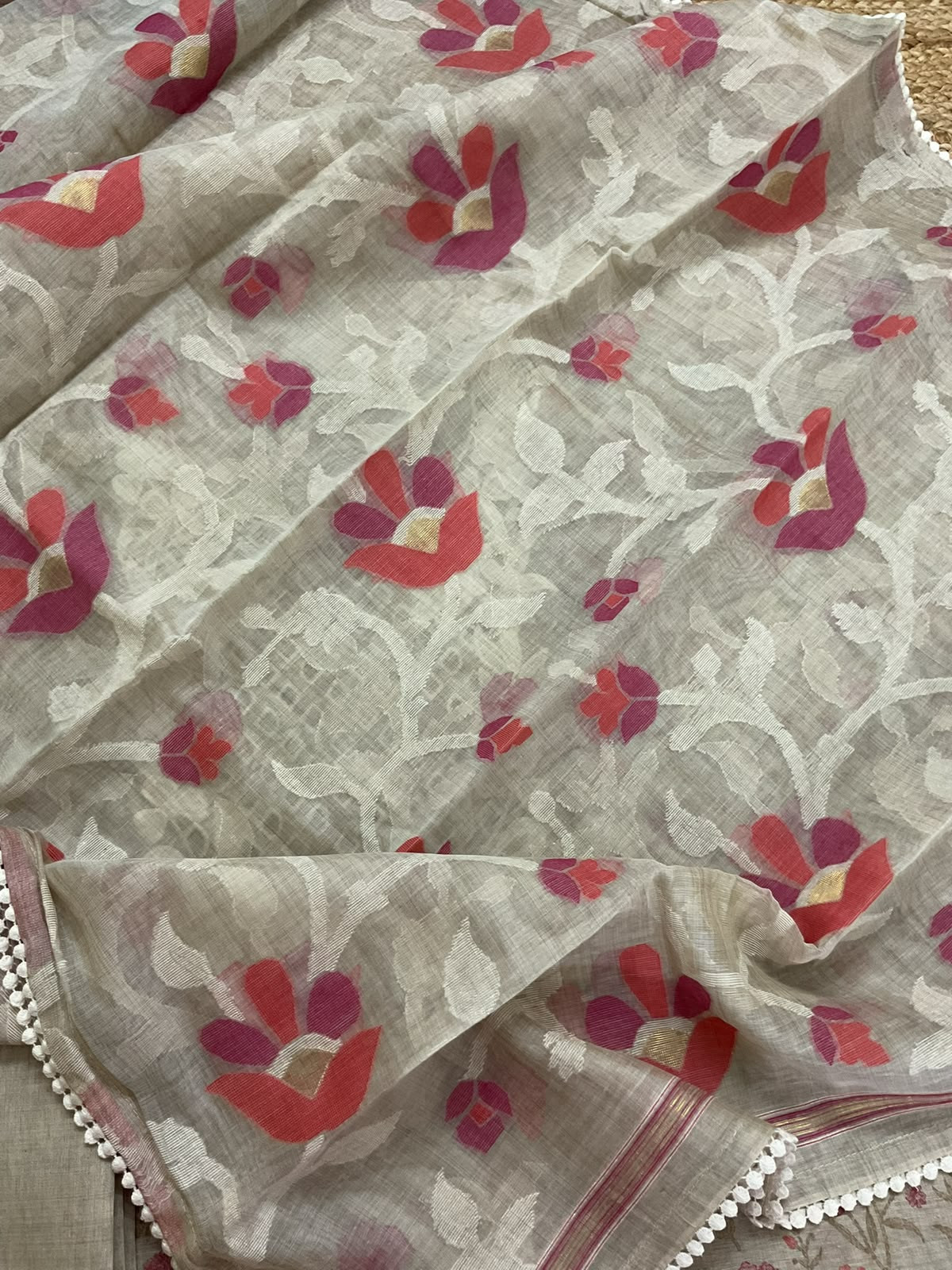 Pure Fine Slub Chanderi Printed Embroidered Suit - Beige