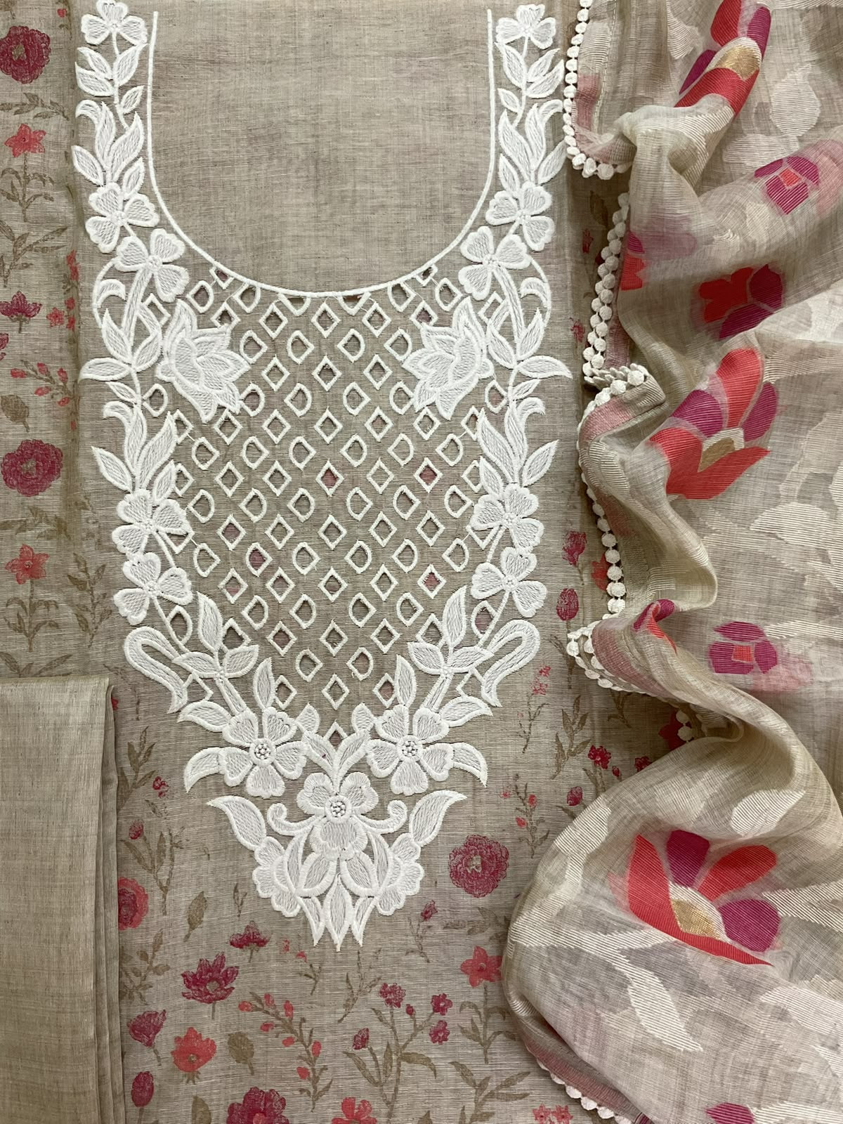 Pure Fine Slub Chanderi Printed Embroidered Suit - Beige