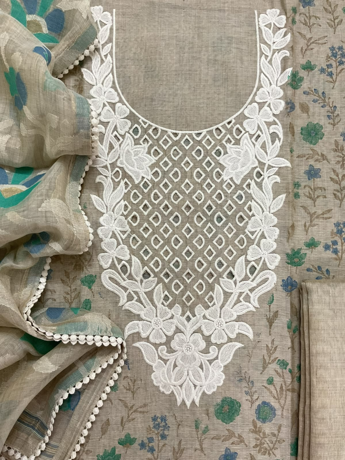 Pure Fine Slub Chanderi Printed Embroidered Suit - Beige