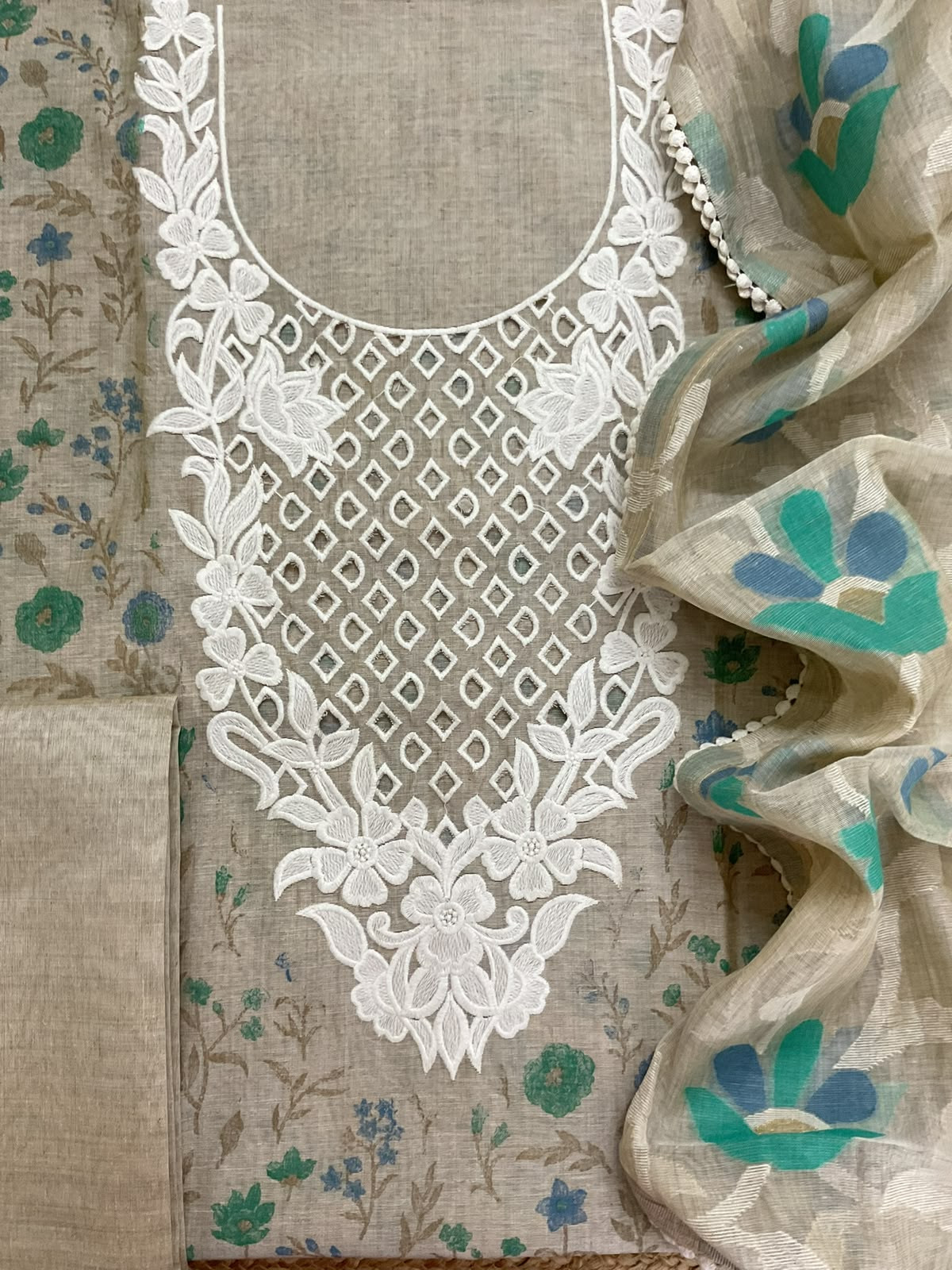 Pure Fine Slub Chanderi Printed Embroidered Suit - Beige