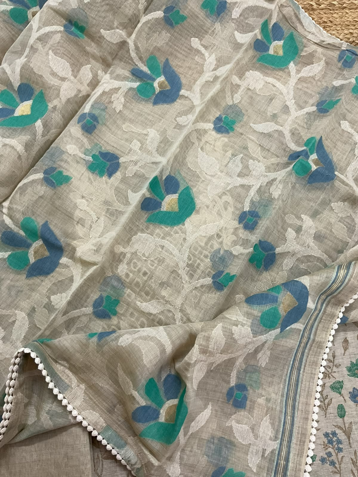 Pure Fine Slub Chanderi Printed Embroidered Suit - Beige