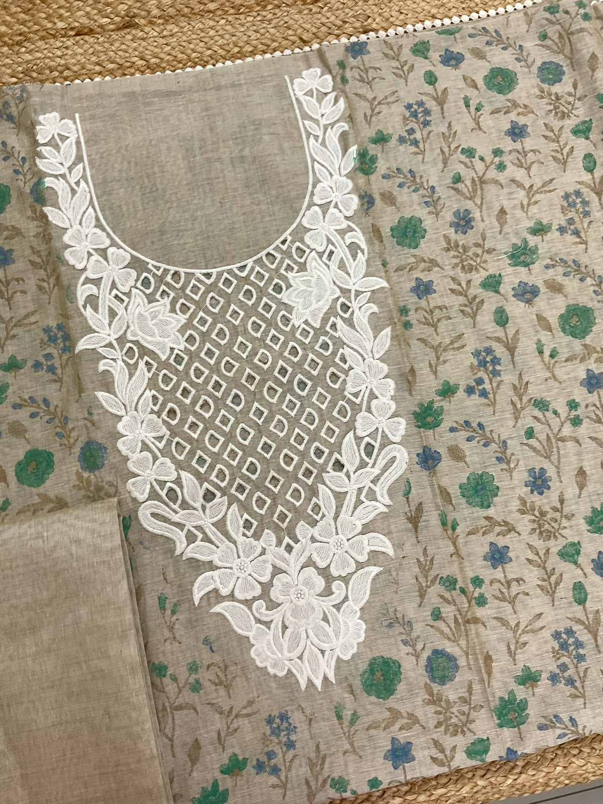 Pure Fine Slub Chanderi Printed Embroidered Suit - Beige