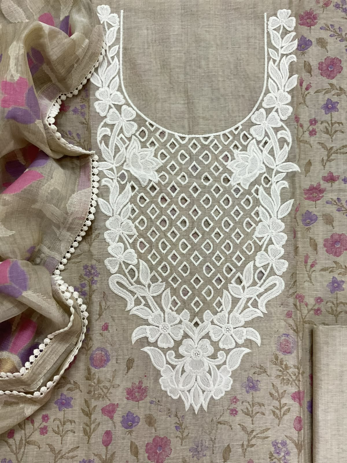 Pure Fine Slub Chanderi Printed Embroidered Suit - Beige