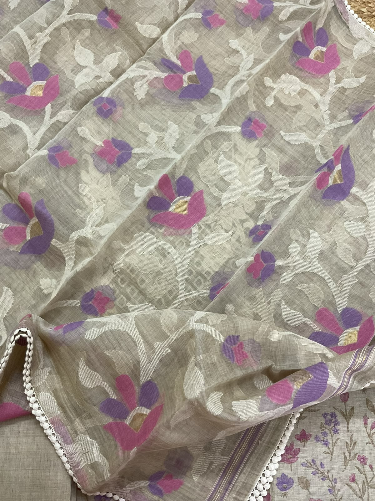 Pure Fine Slub Chanderi Printed Embroidered Suit - Beige