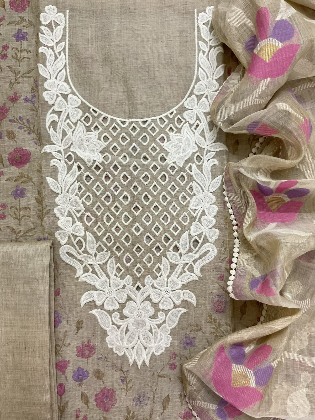 Pure Fine Slub Chanderi Printed Embroidered Suit - Beige