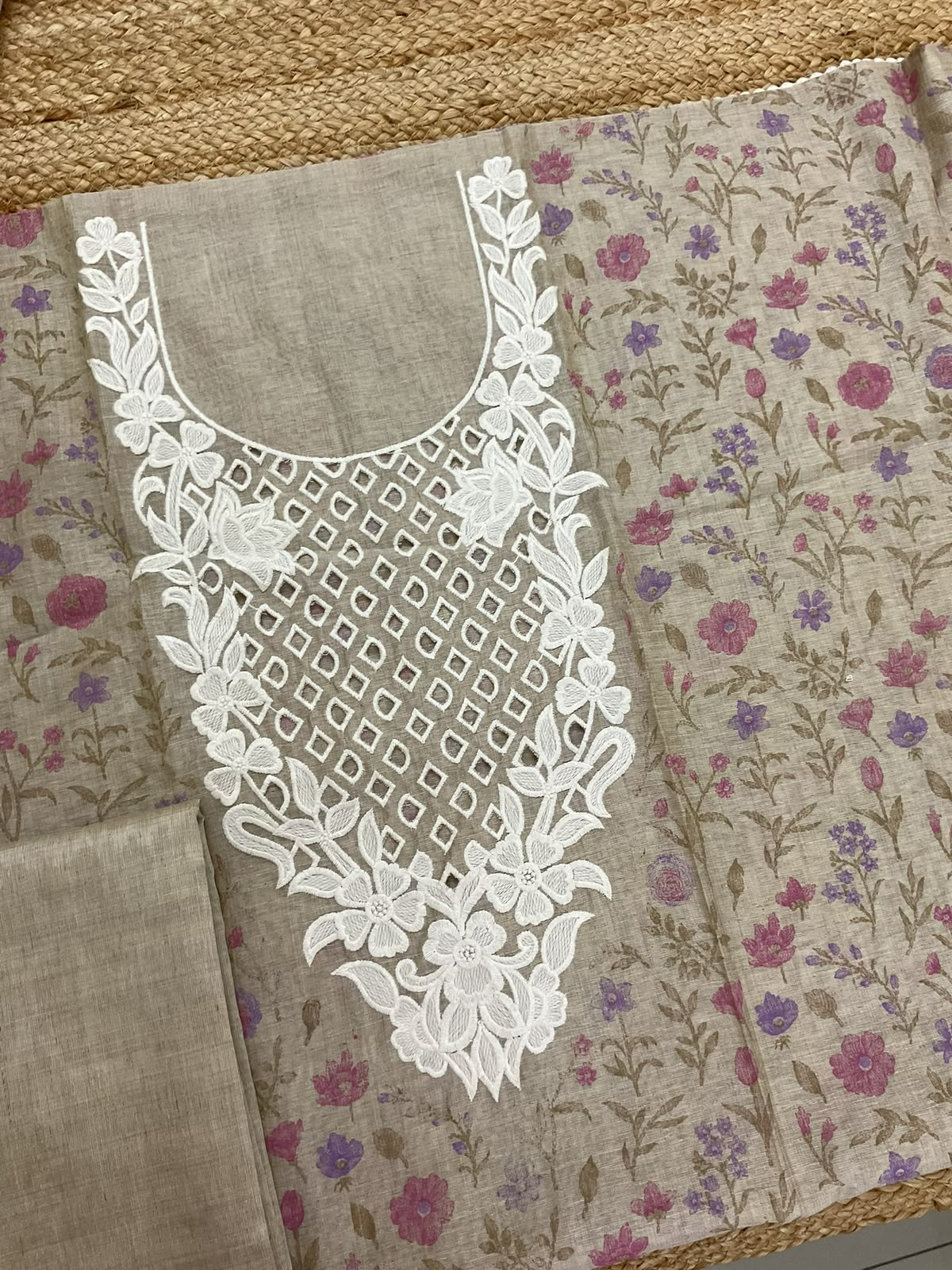 Pure Fine Slub Chanderi Printed Embroidered Suit - Beige