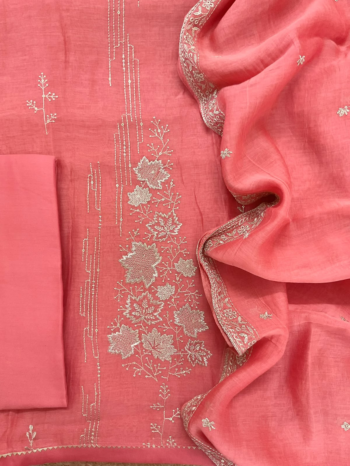 Pure Mul Chanderi Embroidered Suit - Peach