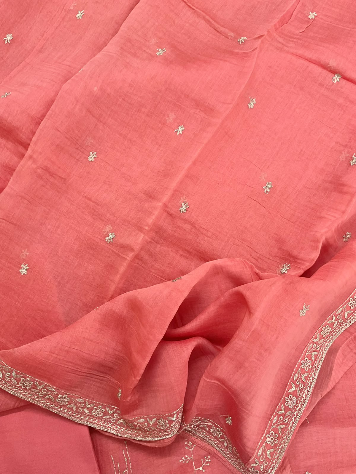 Pure Mul Chanderi Embroidered Suit - Peach