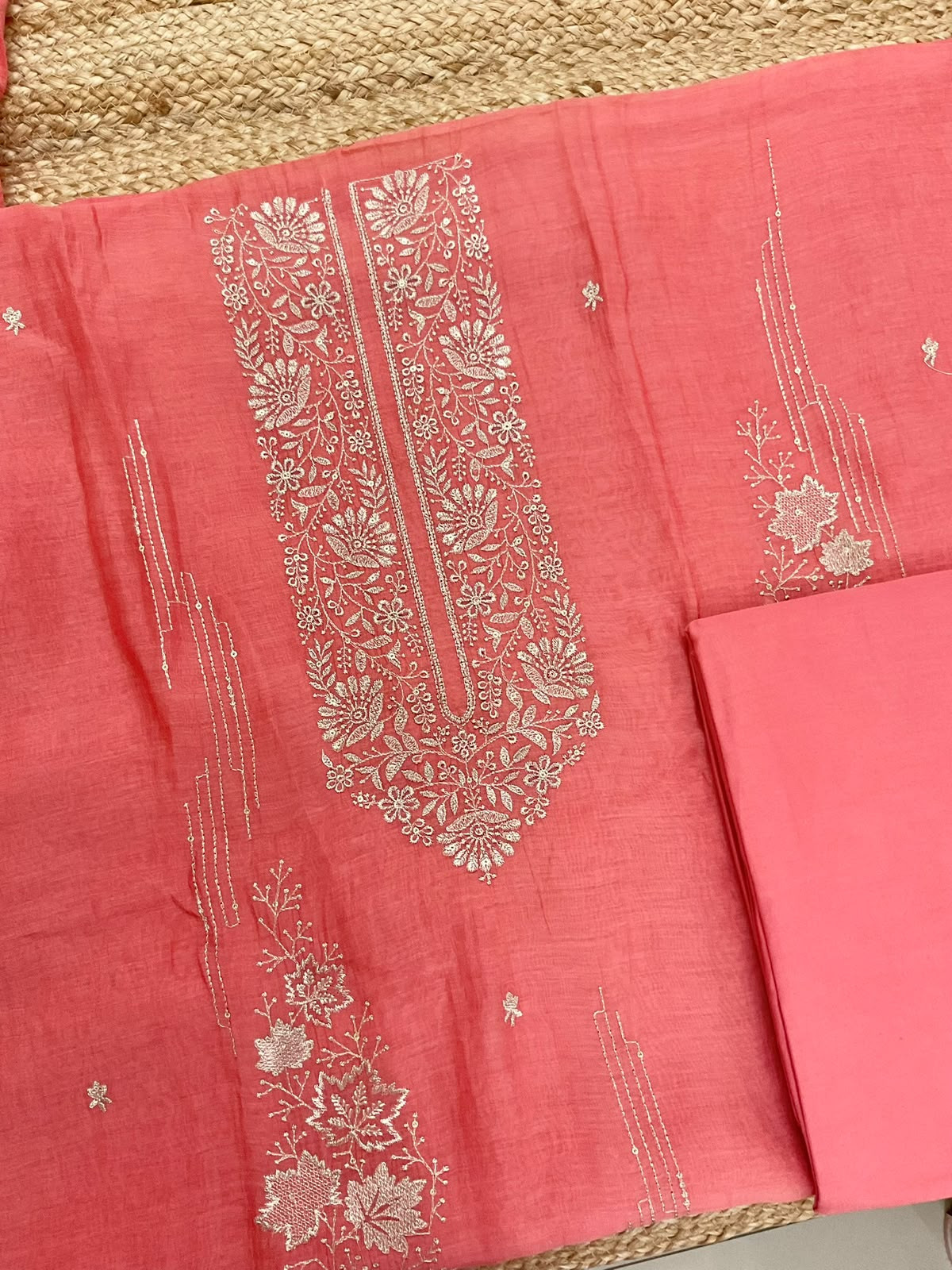 Pure Mul Chanderi Embroidered Suit - Peach