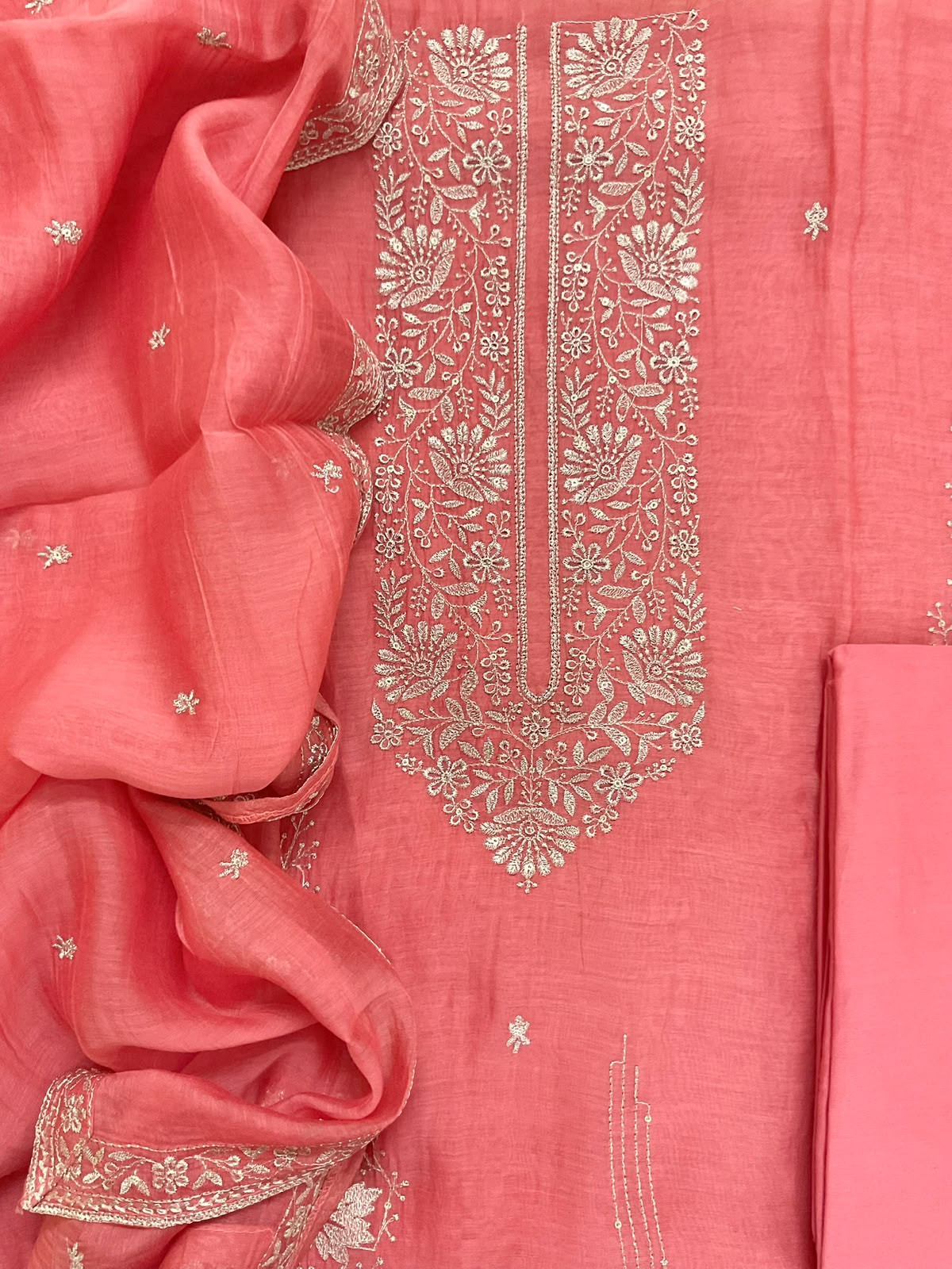 Pure Mul Chanderi Embroidered Suit - Peach