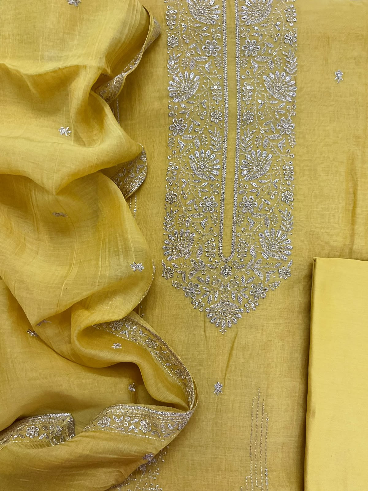 Pure Mul Chanderi Embroidered Suit - Yellow
