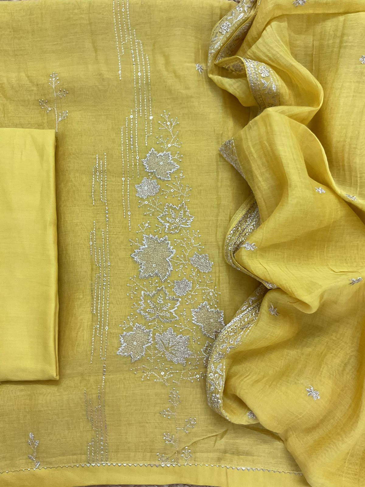 Pure Mul Chanderi Embroidered Suit - Yellow