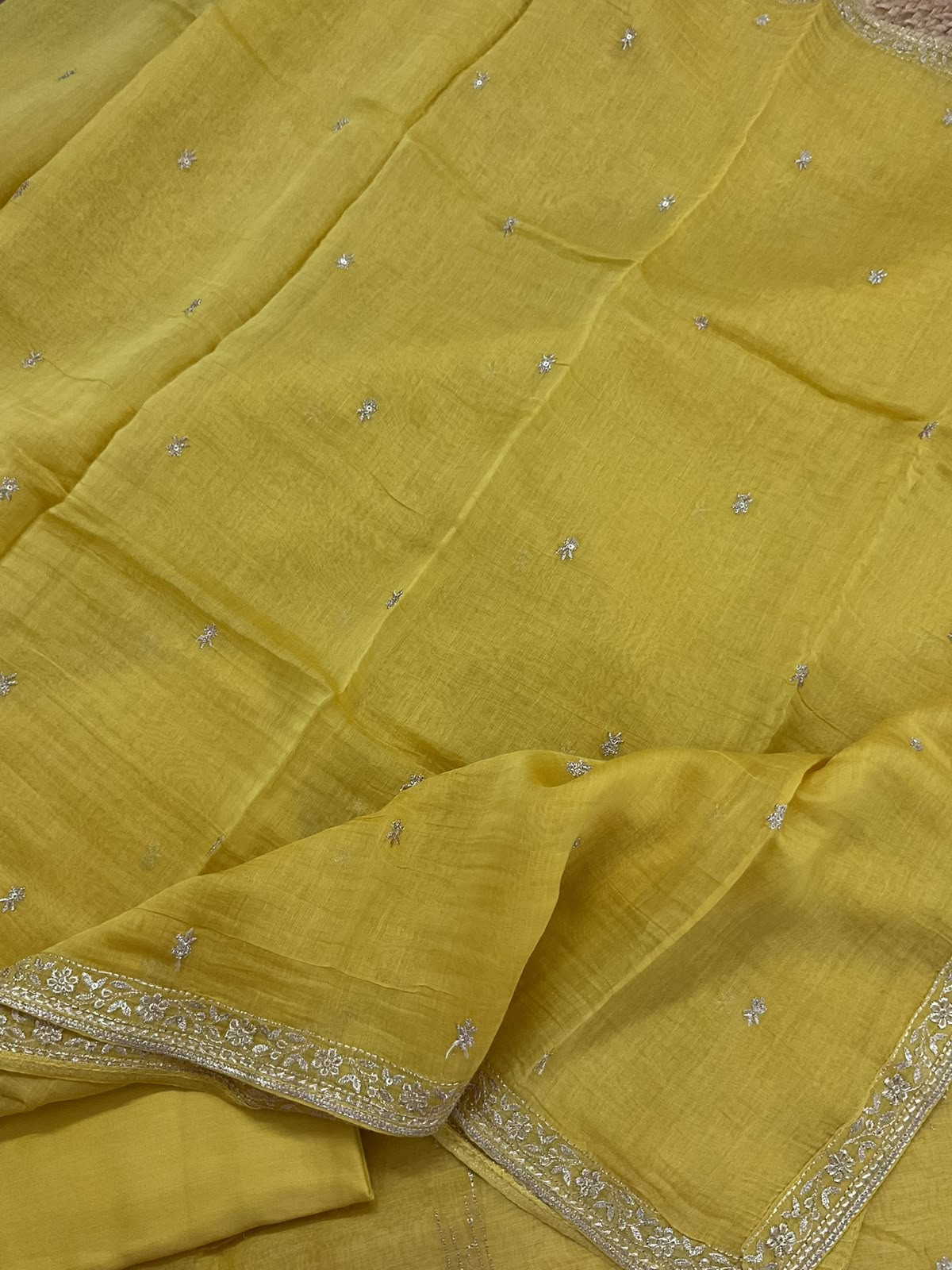 Pure Mul Chanderi Embroidered Suit - Yellow