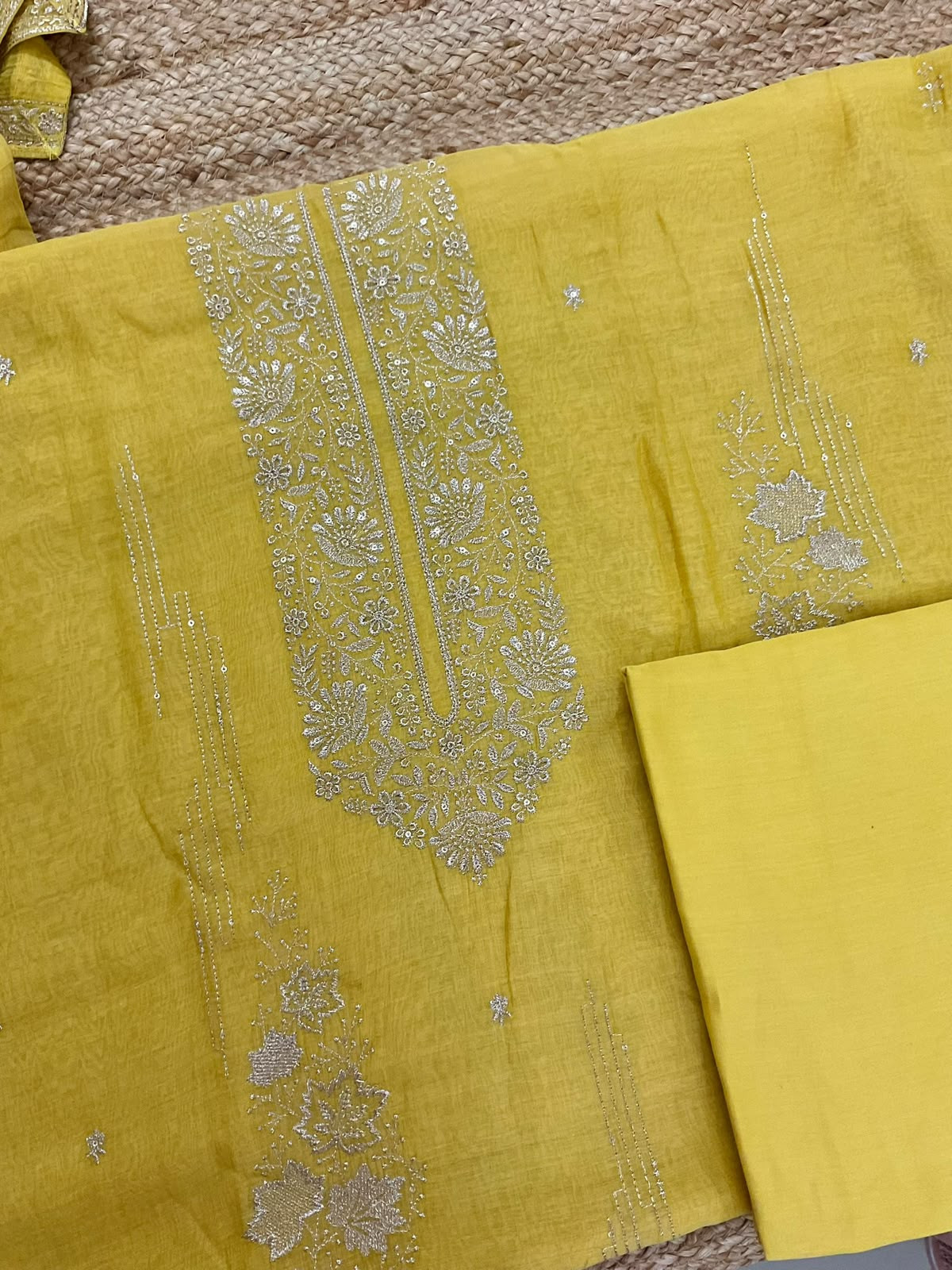Pure Mul Chanderi Embroidered Suit - Yellow